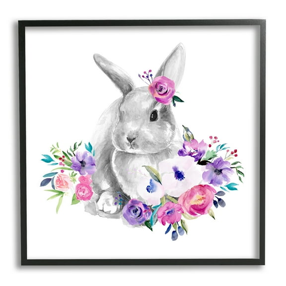Stupell Industries Bunny with Spring Roses Animals & Insects Painting Black Framed Art Print Wall Art, 12 x 12
