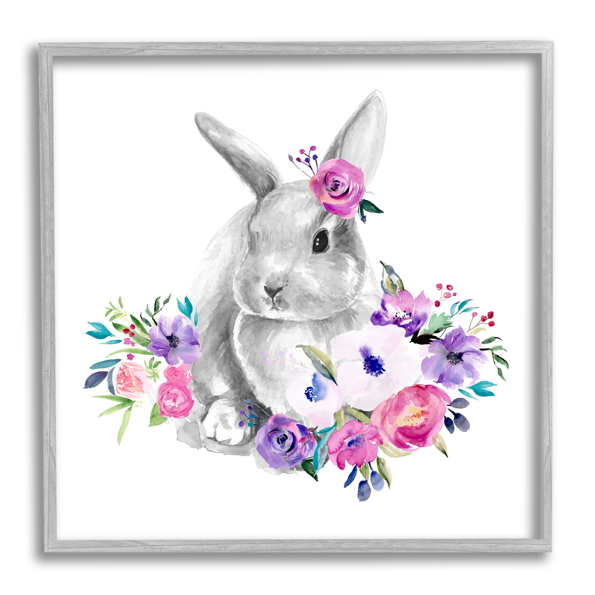 Stupell Industries Bunny with Spring Roses Animals & Insects Painting Gray Framed Art Print Wall Art, 17 x 17