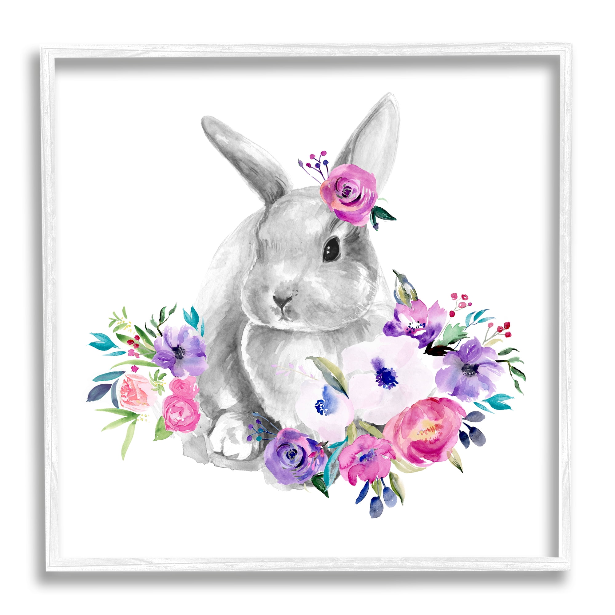 Stupell Industries Bunny with Spring Roses Animals & Insects Painting White Framed Art Print Wall Art, 12 x 12