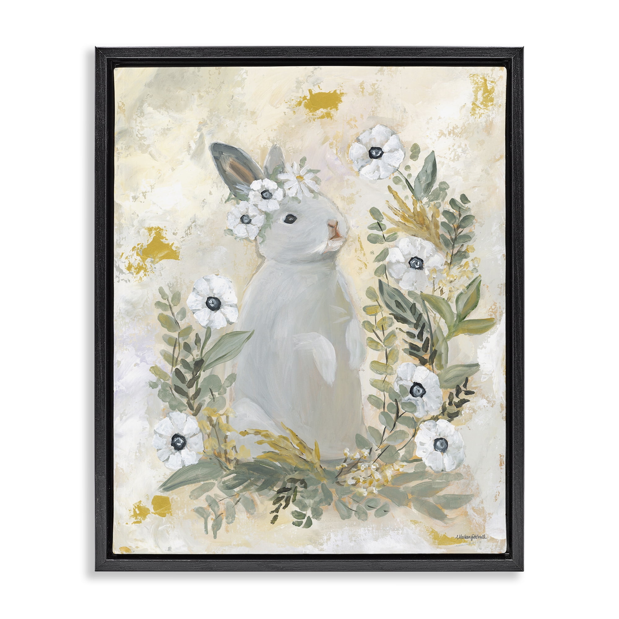 Bunny with White Blooms Black Floating Frame Canvas Art, 17 x 21, Made In USA