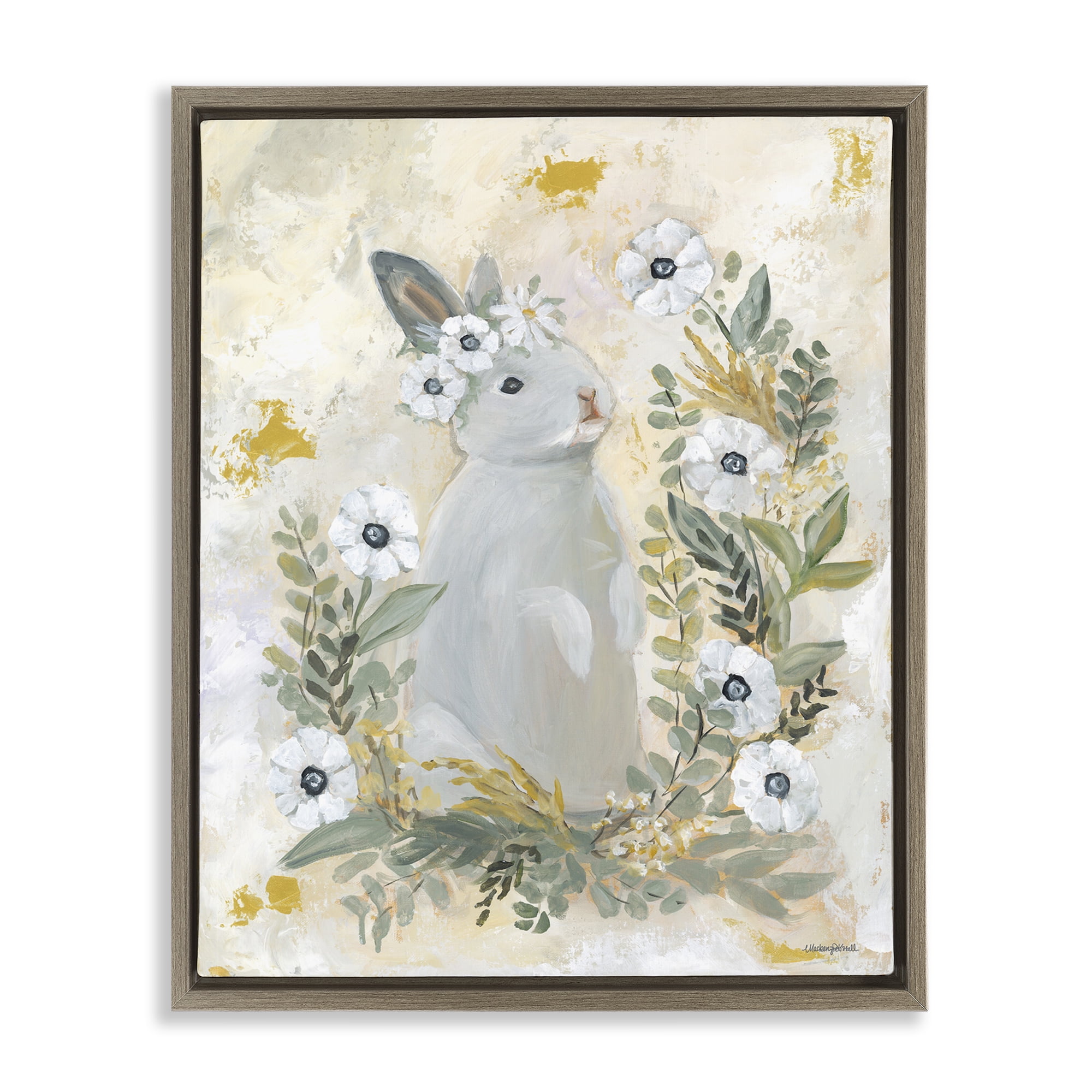 Bunny with White Blooms Brown Floating Frame Canvas Art, 25 x 31, Made In USA