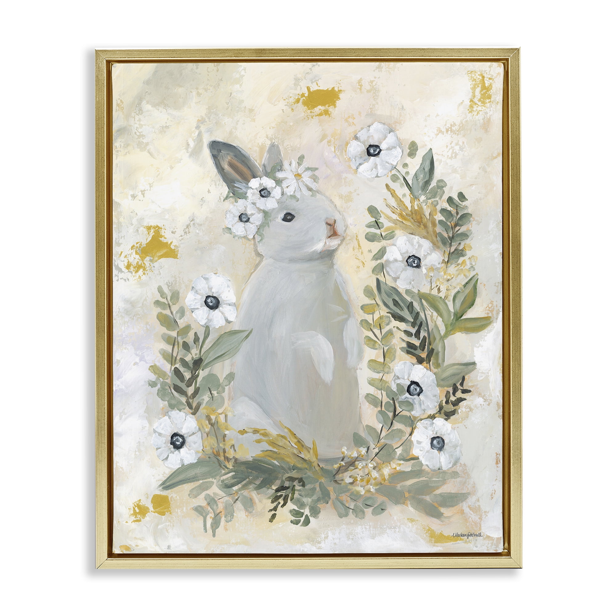 Bunny with White Blooms Gold Floating Frame Canvas Art, 17 x 21, Made In USA