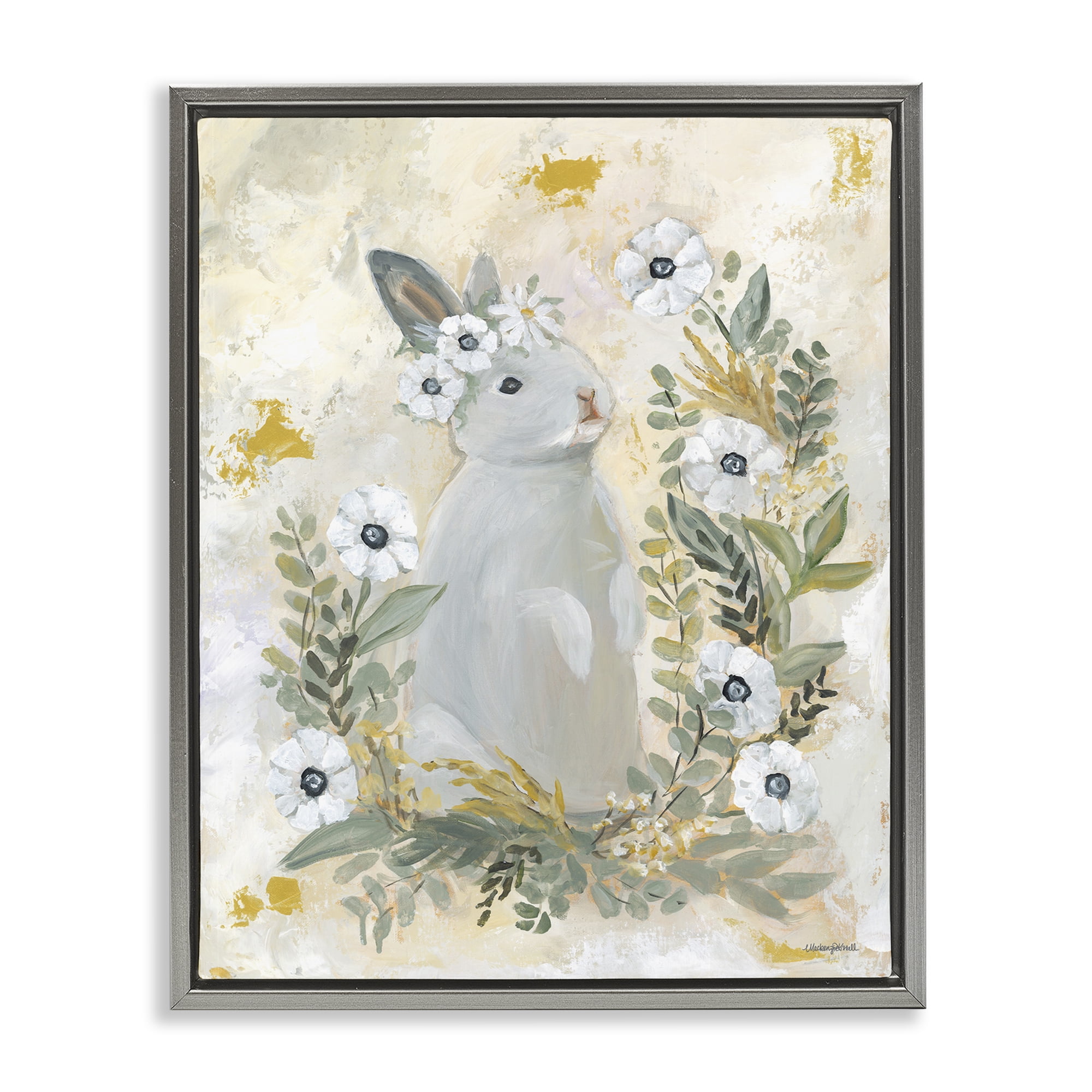 Bunny with White Blooms Gray Floating Frame Canvas Art, 17 x 21, Made In USA