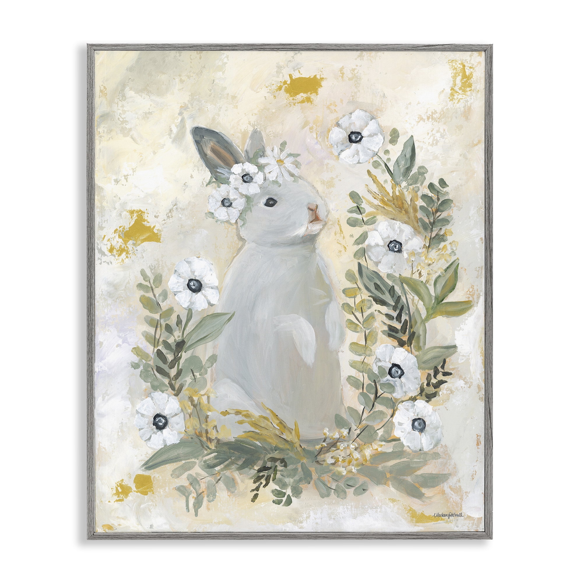 Bunny with White Blooms Gray Framed Giclee Art, 24 x 30, Made In USA