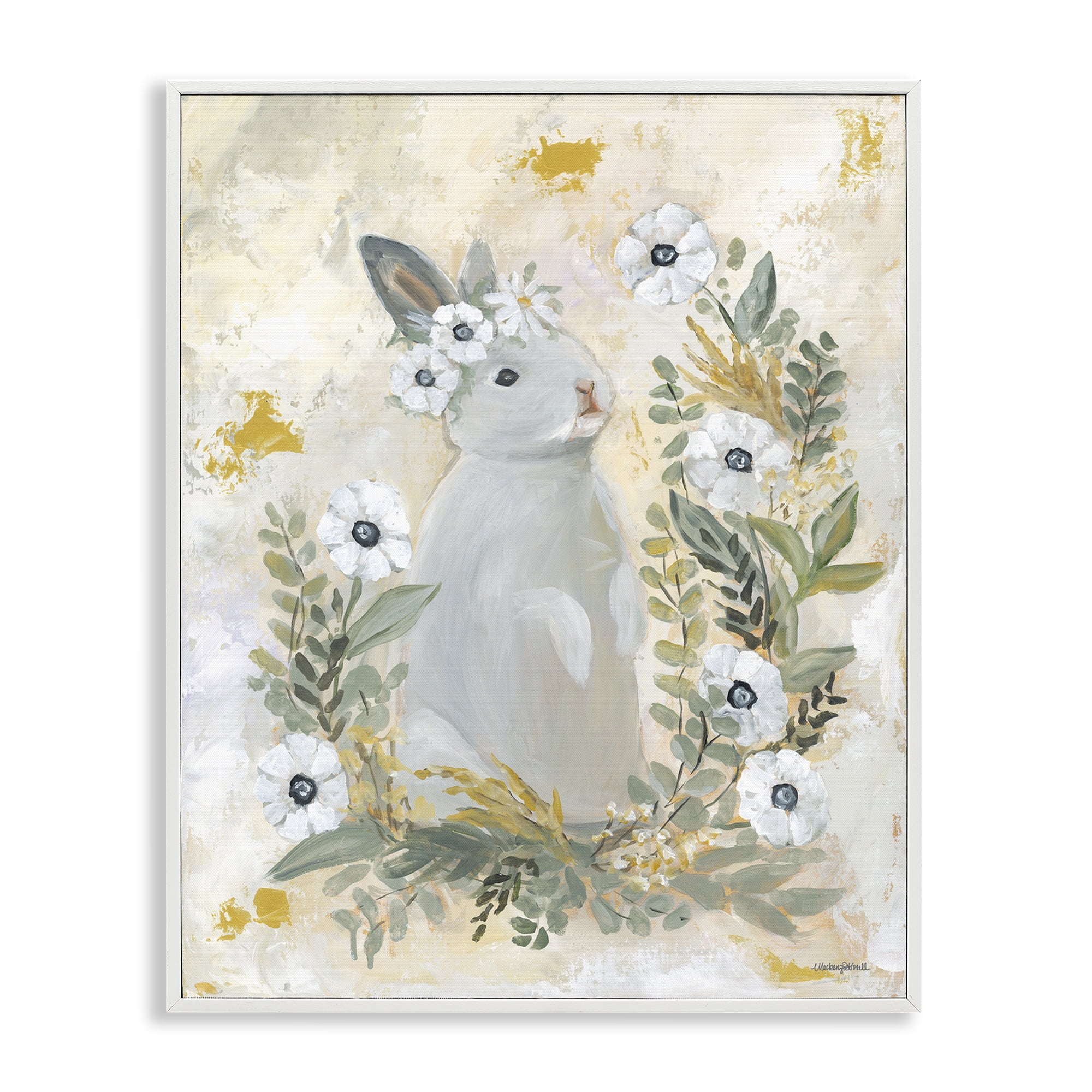 Bunny with White Blooms White Framed Giclee Art, 16 x 20, Made In USA