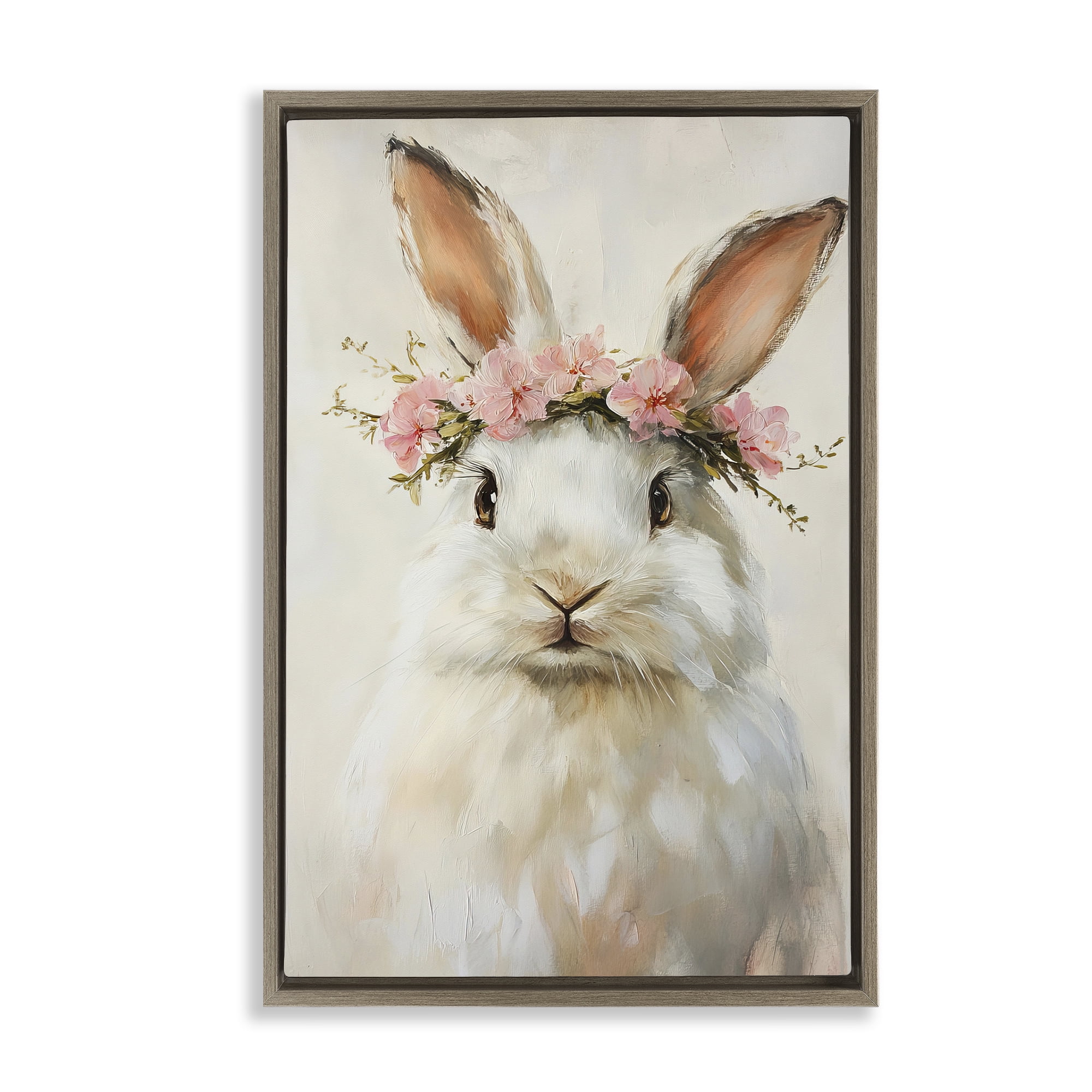 Stupell Industries Bunnykins with Pink Crown Brown Framed Floater Canvas Wall Art, design by Tina LeCour