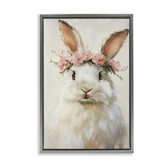 Stupell Industries Shabby Chic Bunnykins with Pink Crown Gray Floating Frame Canvas Art, 17 x 25, by Tina LeCour