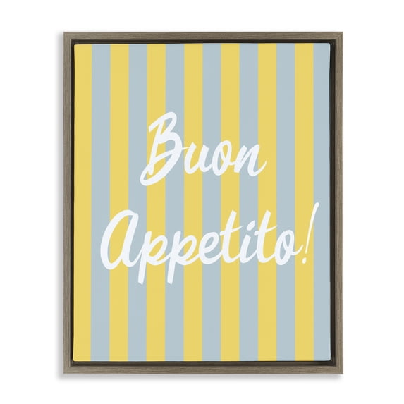 Stupell Industries Mid-Century Buon Appetito Blue Yellow Stripes Brown Floating Frame Canvas Art, 17 x 21, by SD Graphics Studio