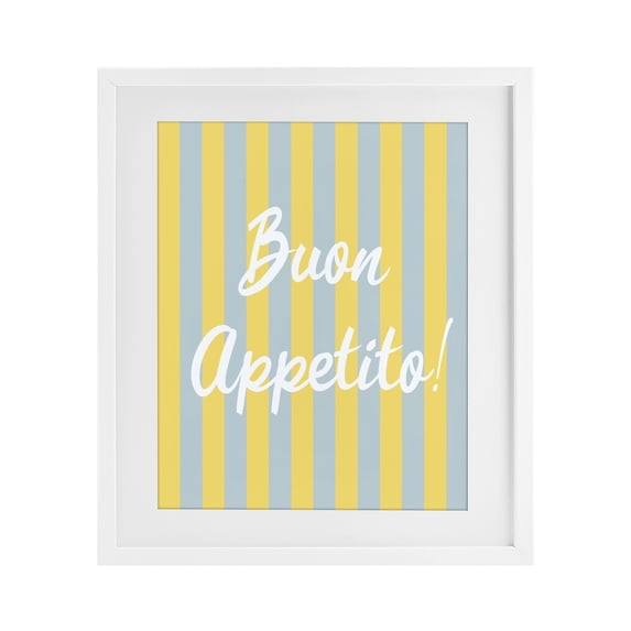 Stupell Industries Mid-Century Buon Appetito Blue Yellow Stripes White Framed Print Under Glass, 13 x 16, by SD Graphics Studio