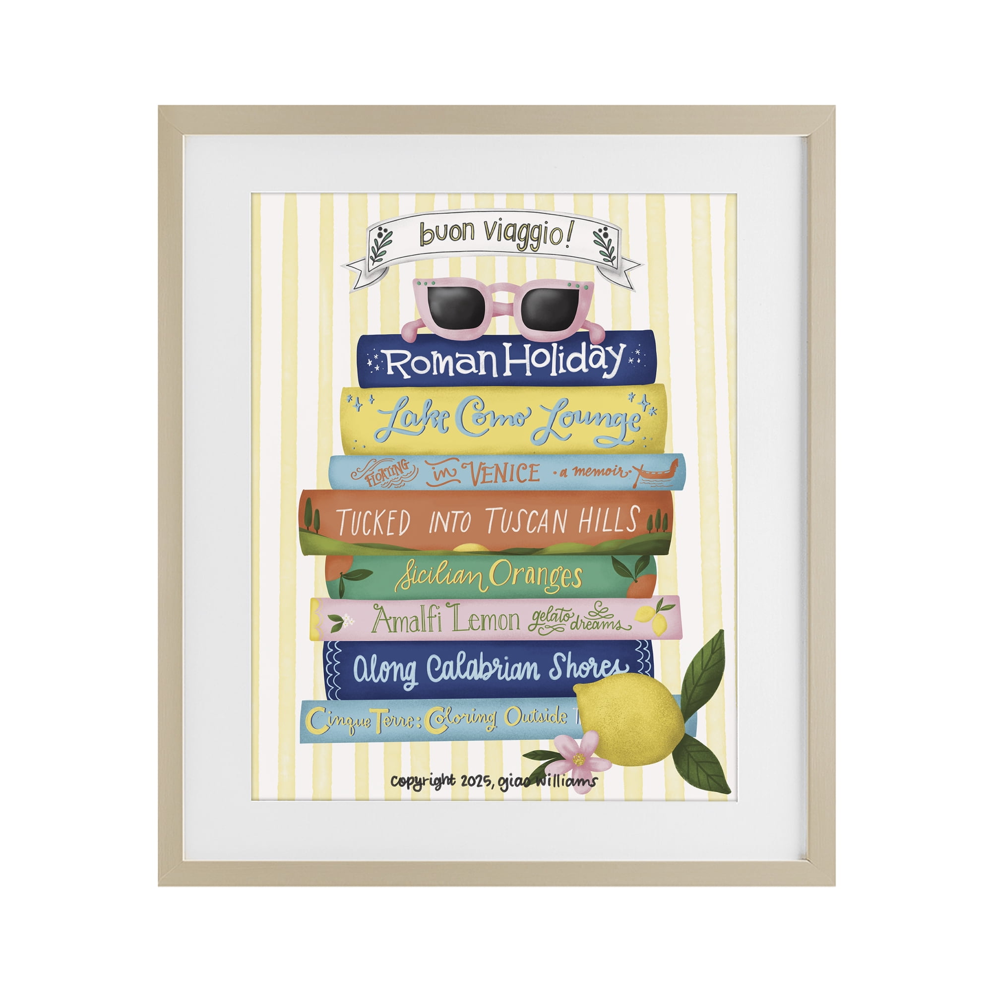 Stupell Industries Buon Viaggio Travel Books Birch Framed Print Under Glass, design by Giao Williams
