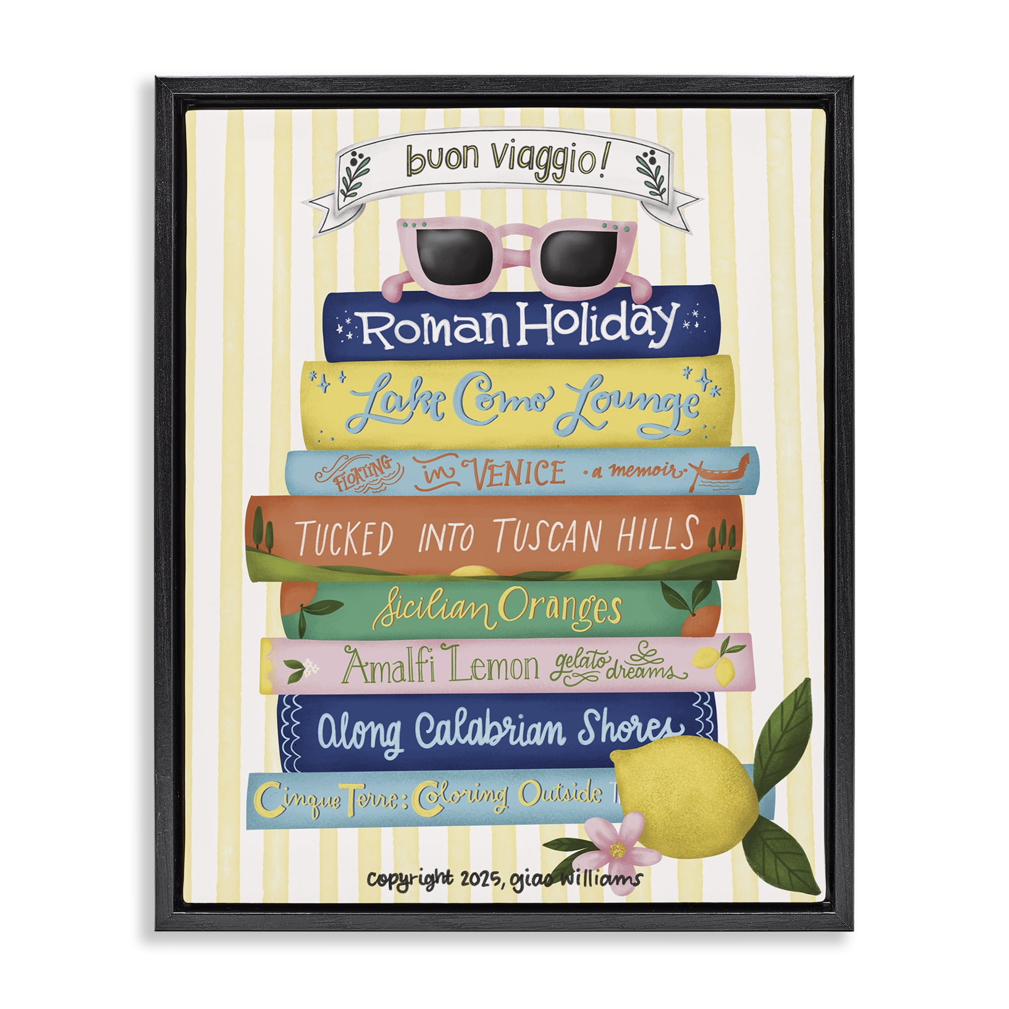 Stupell Industries Buon Viaggio Travel Books Black Framed Floater Canvas Wall Art, design by Giao Williams