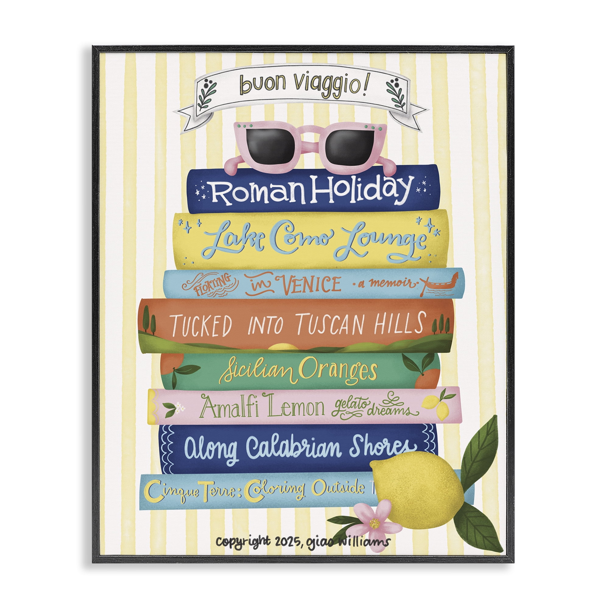 Stupell Industries Buon Viaggio Travel Books Black Framed Giclee Art, design by Giao Williams