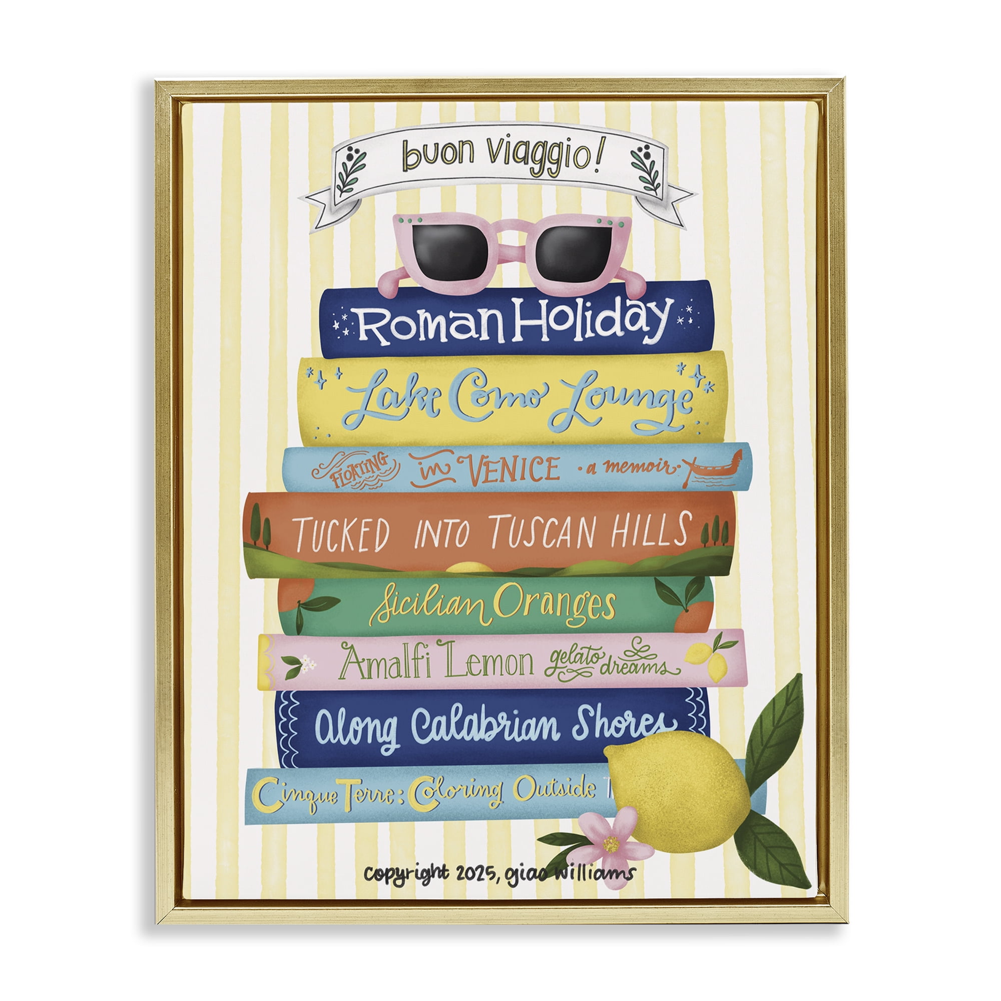 Stupell Industries Buon Viaggio Travel Books Gold Framed Floater Canvas Wall Art, design by Giao Williams