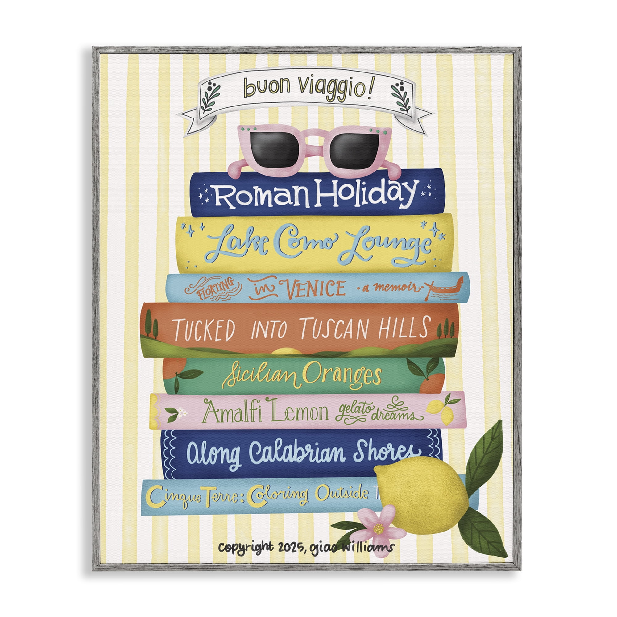Stupell Industries Buon Viaggio Travel Books Gray Framed Giclee Art, design by Giao Williams