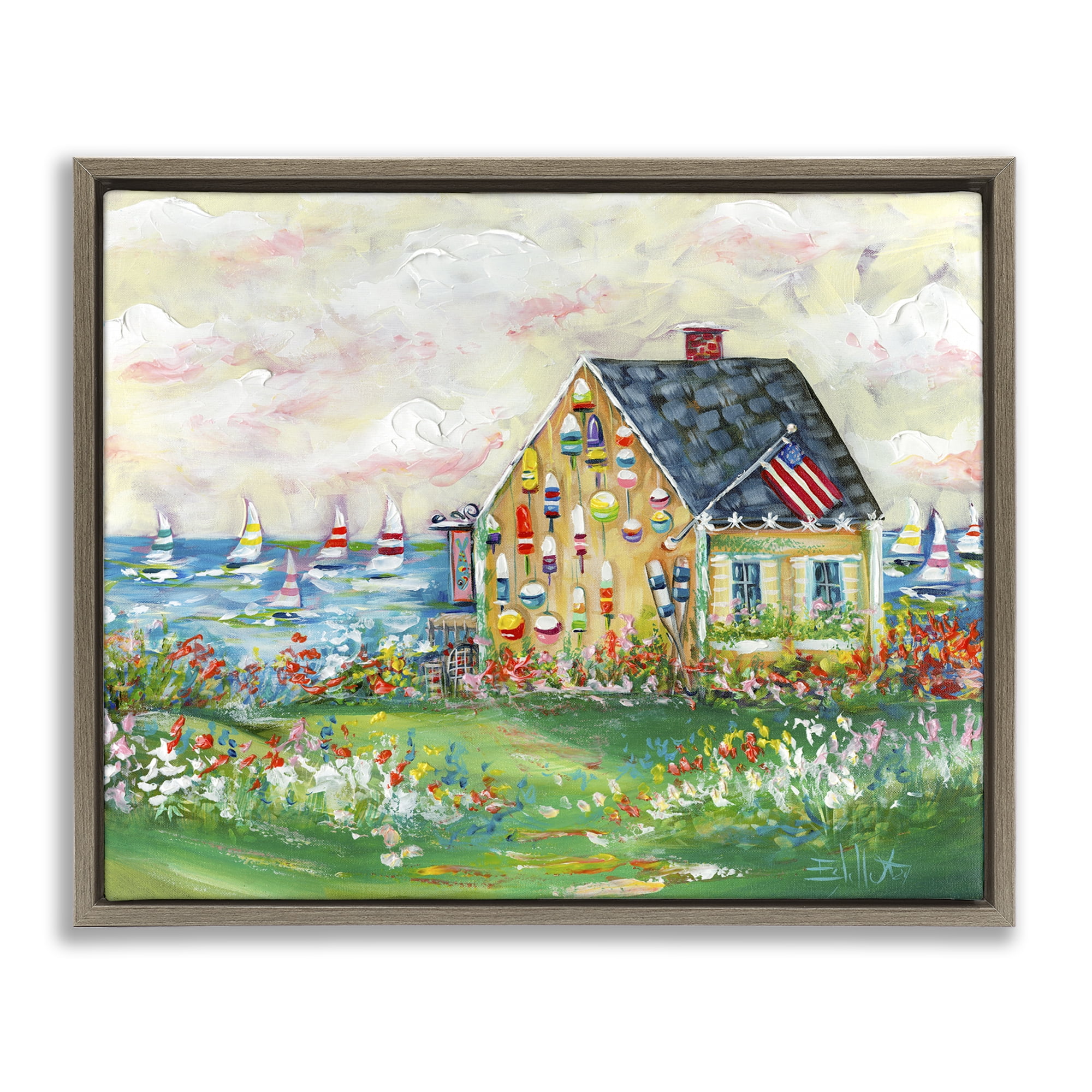 Stupell Industries Buoy Covered Boat House Landscape & Nature Painting Brown Floater Framed Canvas Art Print Wall Art, 21 x 17