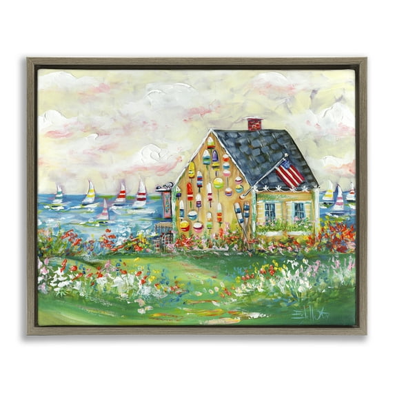 Stupell Industries Buoy Covered Boat House Landscape & Nature Painting Brown Floater Framed Canvas Art Print Wall Art, 31 x 25