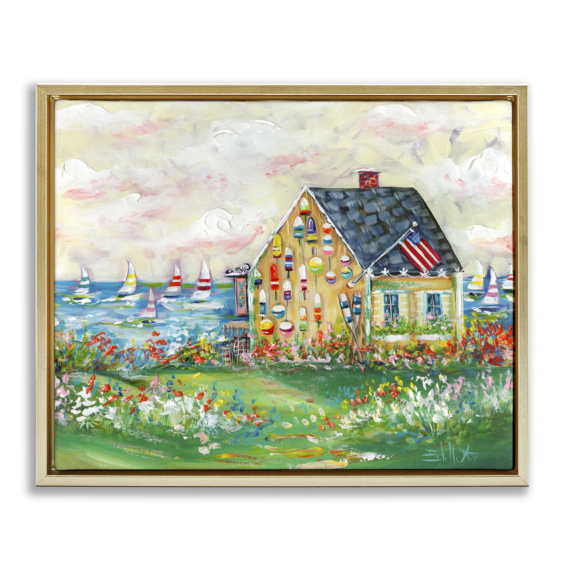 Stupell Industries Buoy Covered Boat House Landscape & Nature Painting Gold Floater Framed Canvas Art Print Wall Art, 31 x 25