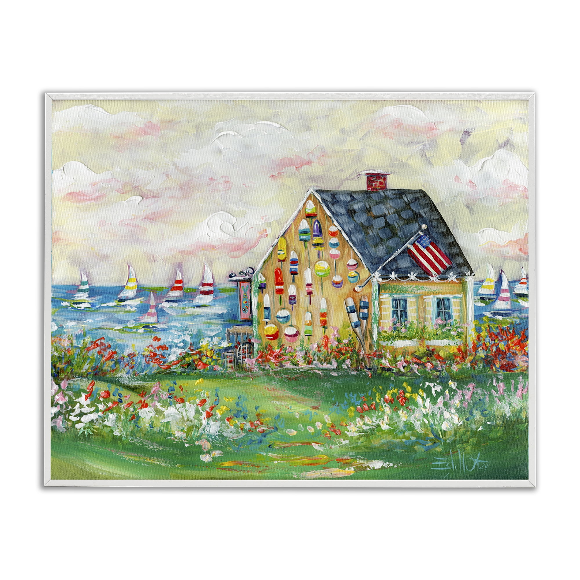 Stupell Industries Buoy Covered Boat House Landscape & Nature Painting White Framed Art Print Wall Art, 30 x 24