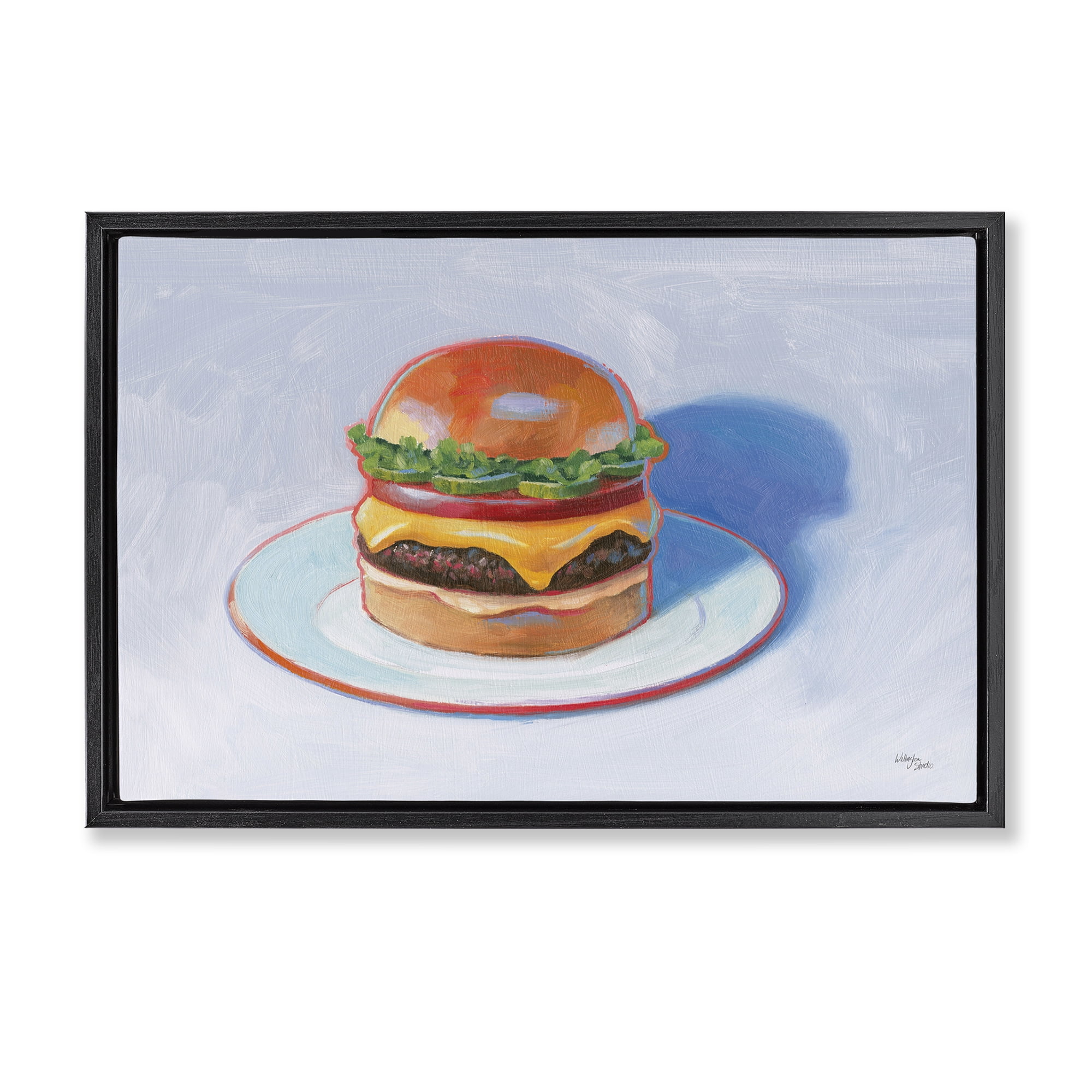 Stupell Industries Burger on Plate Food & Beverage Painting Black Floater Framed Canvas Art Print Wall Art, 31 x 21