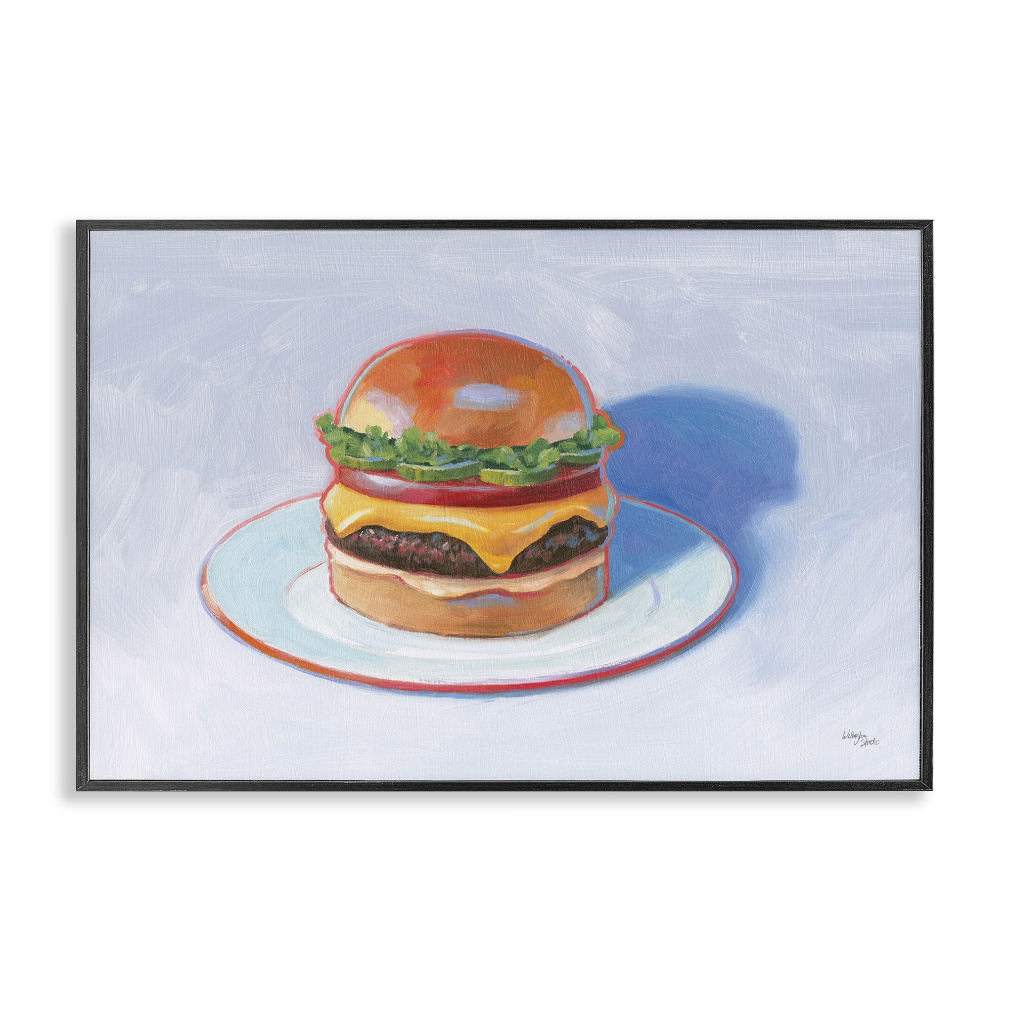 Stupell Industries Burger on Plate Food & Beverage Painting Black Framed Art Print Wall Art, 24 x 16