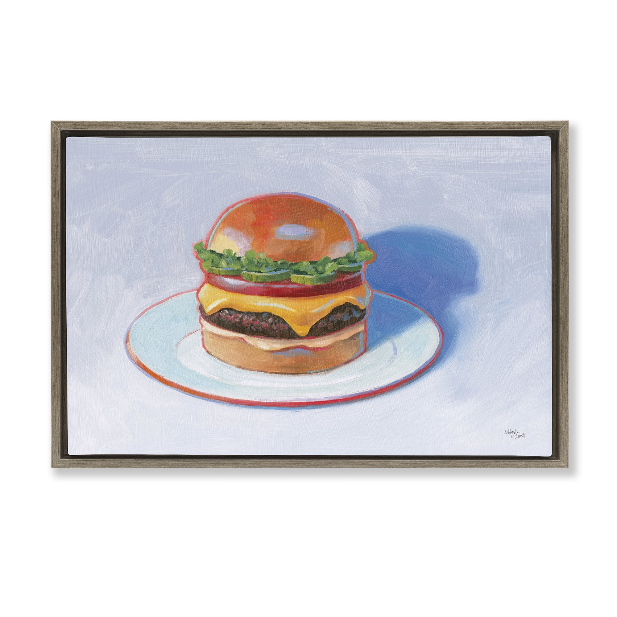 Stupell Industries Burger on Plate Food & Beverage Painting Brown Floater Framed Canvas Art Print Wall Art, 25 x 17