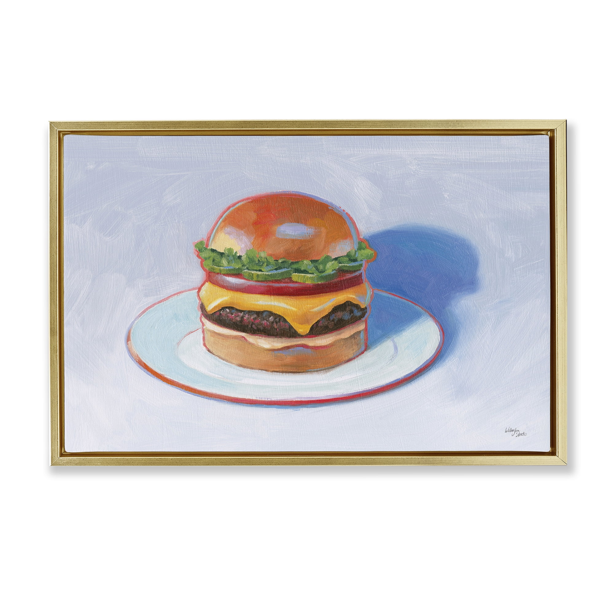 Stupell Industries Burger on Plate Food & Beverage Painting Gold Floater Framed Canvas Art Print Wall Art, 25 x 17
