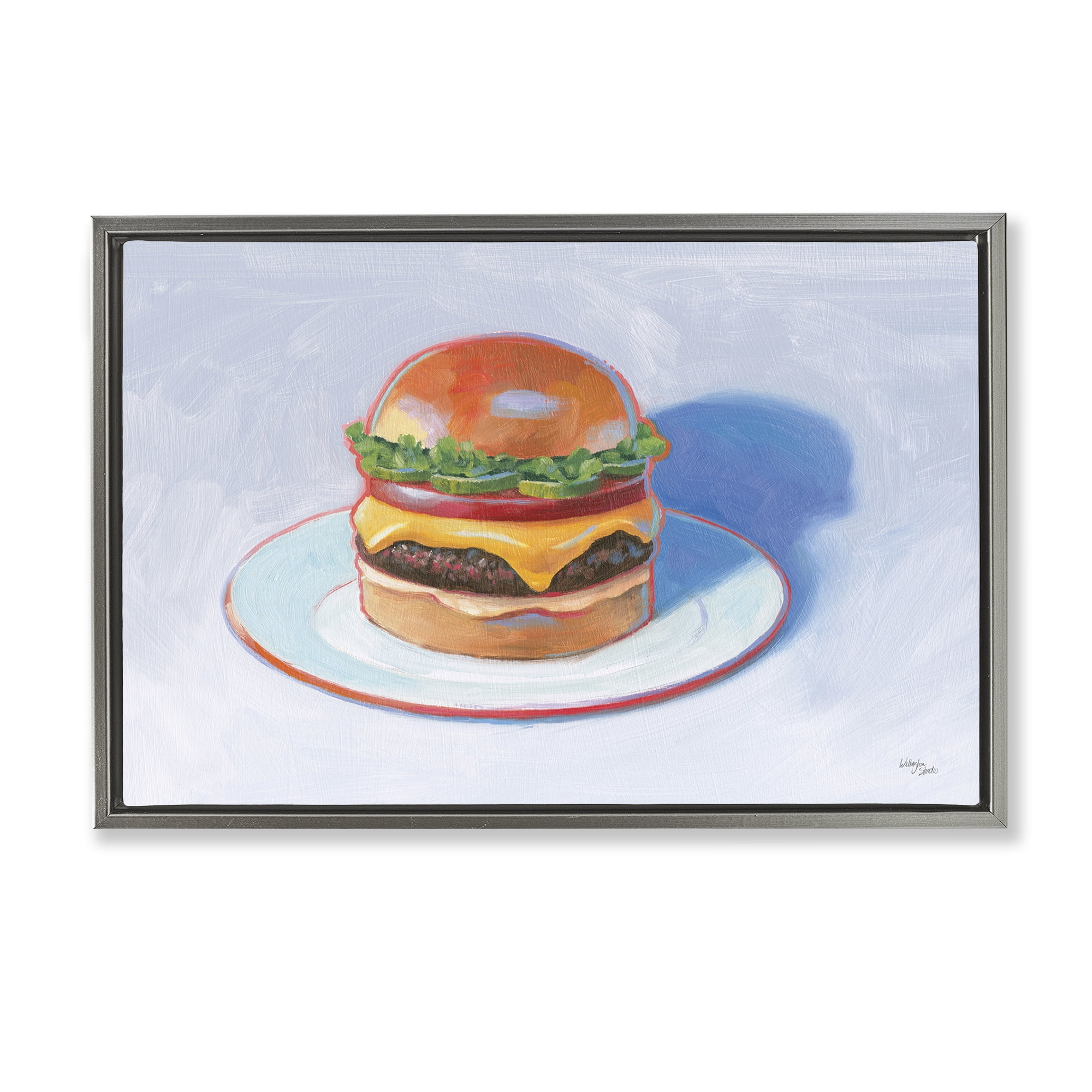 Stupell Industries Burger on Plate Food & Beverage Painting Gray Floater Framed Canvas Art Print Wall Art, 25 x 17