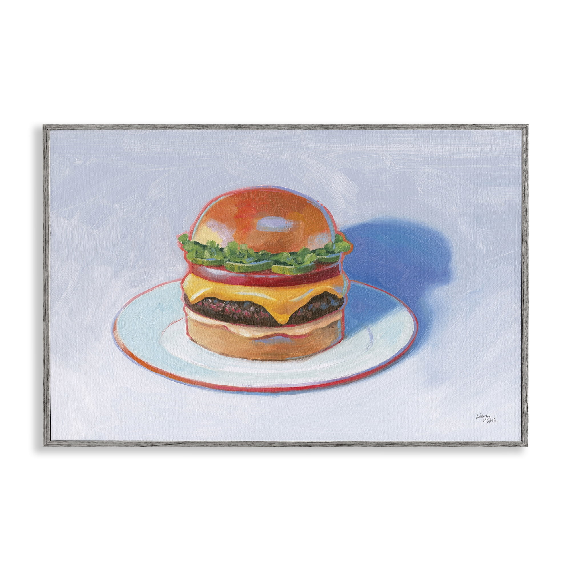 Stupell Industries Burger on Plate Food & Beverage Painting Gray Framed Art Print Wall Art, 30 x 20
