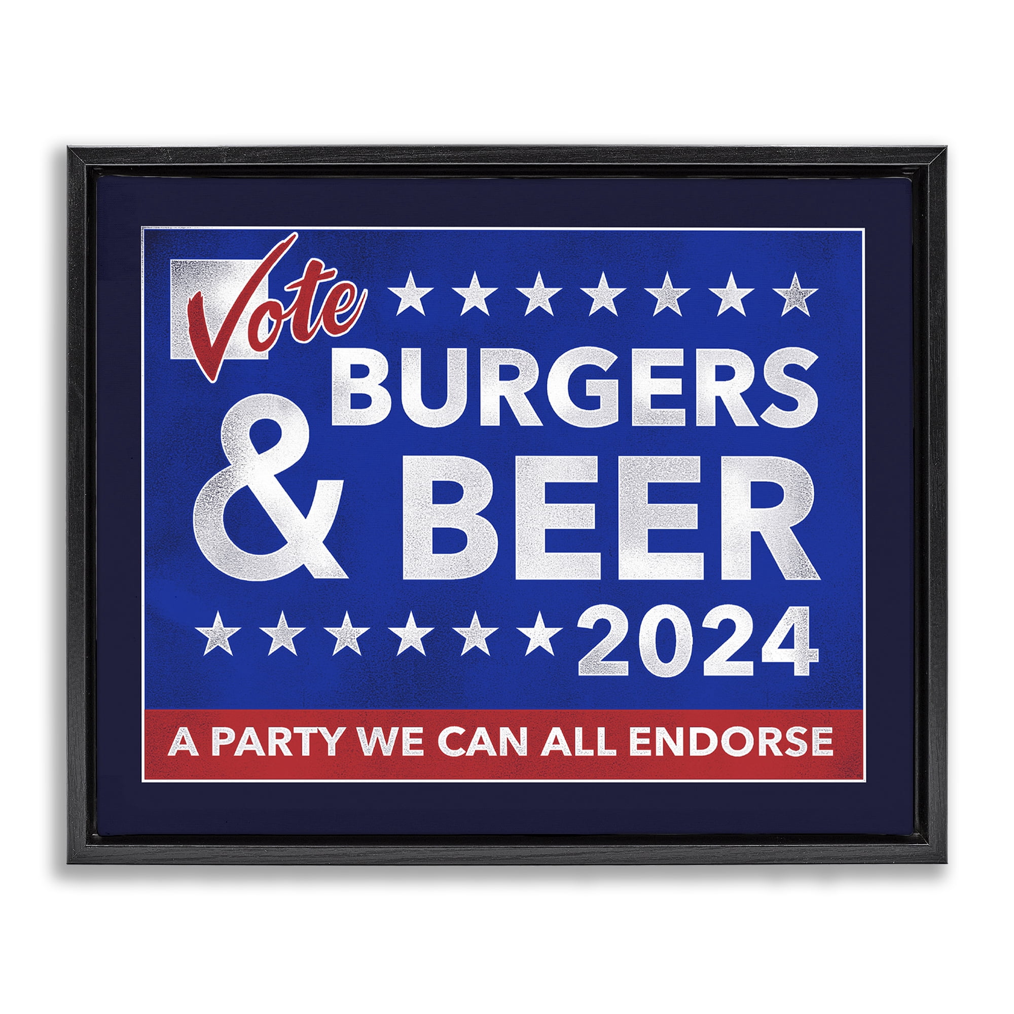 Stupell Industries Burgers & Beer Vote Food & Beverage Painting Black Floater Framed Canvas Art Print Wall Art, 31 x 25