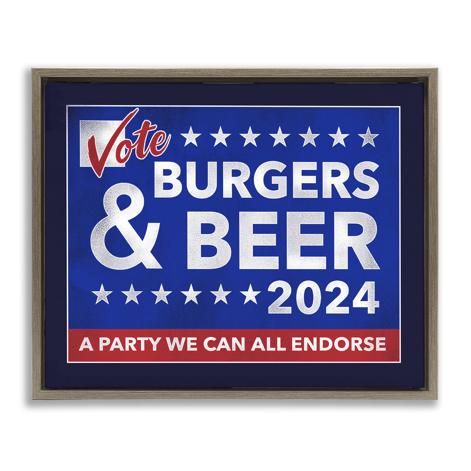 Stupell Industries Burgers & Beer Vote Food & Beverage Painting Brown Floater Framed Canvas Art Print Wall Art, 31 x 25