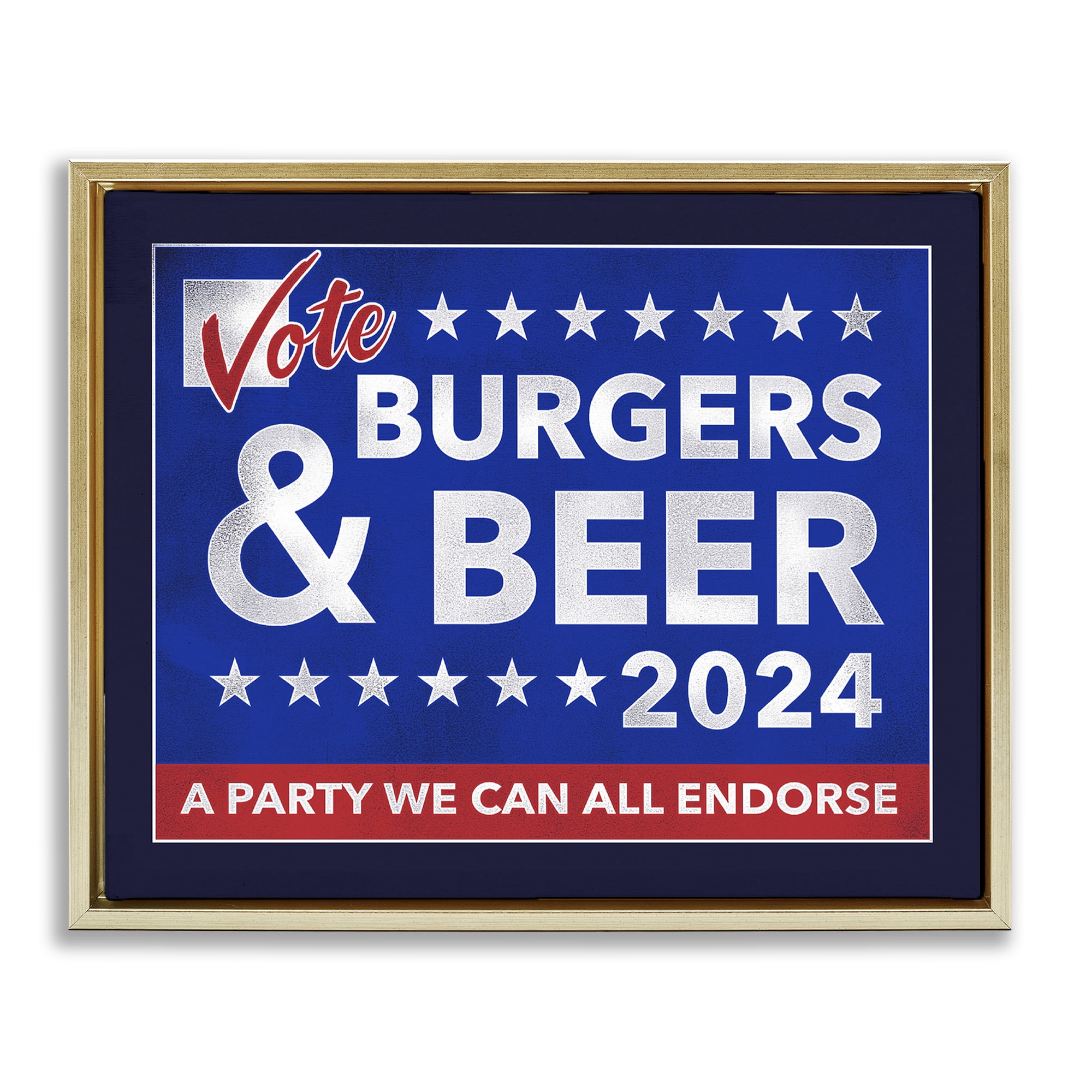 Stupell Industries Burgers & Beer Vote Food & Beverage Painting Gold Floater Framed Canvas Art Print Wall Art, 21 x 17