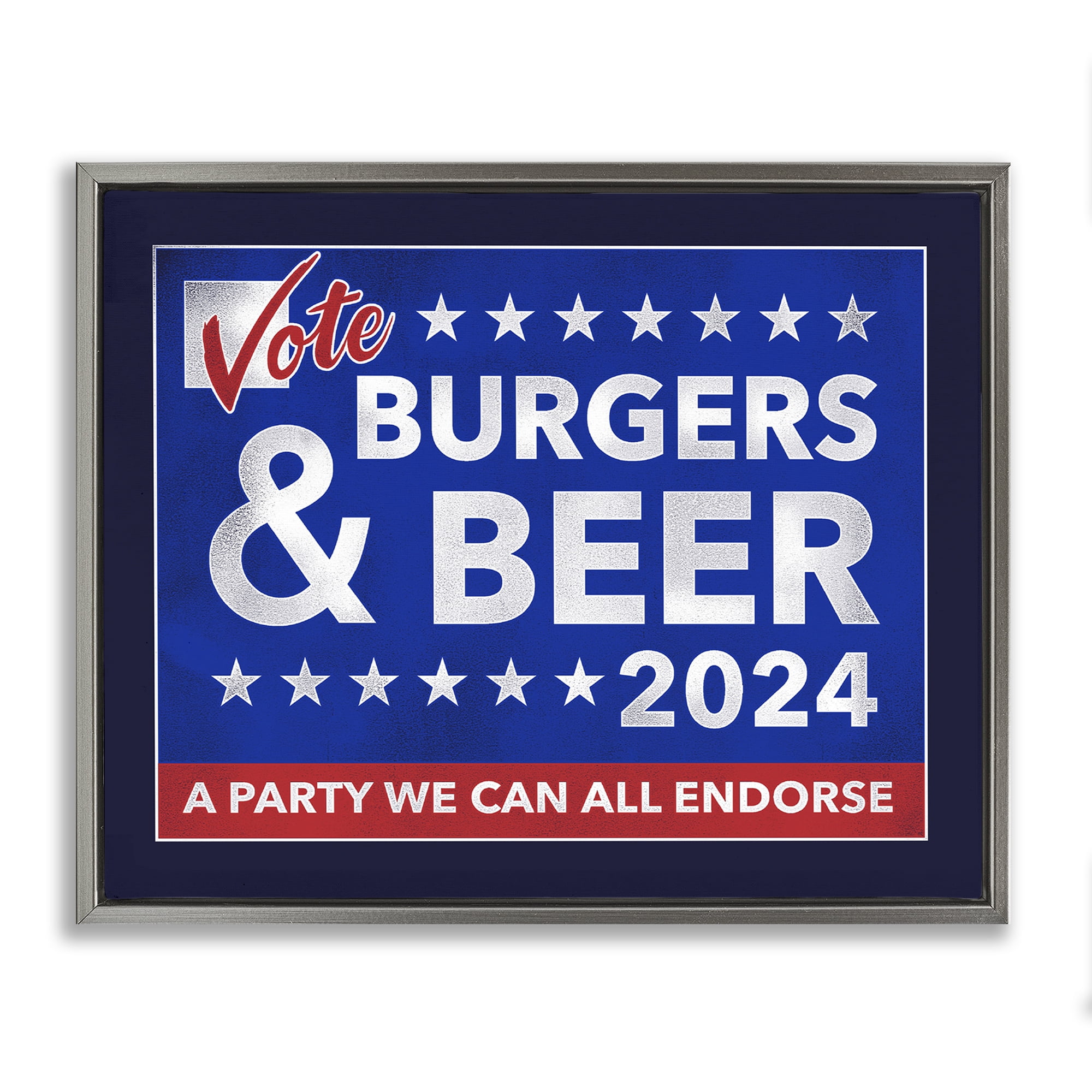 Stupell Industries Burgers & Beer Vote Food & Beverage Painting Gray Floater Framed Canvas Art Print Wall Art, 31 x 25
