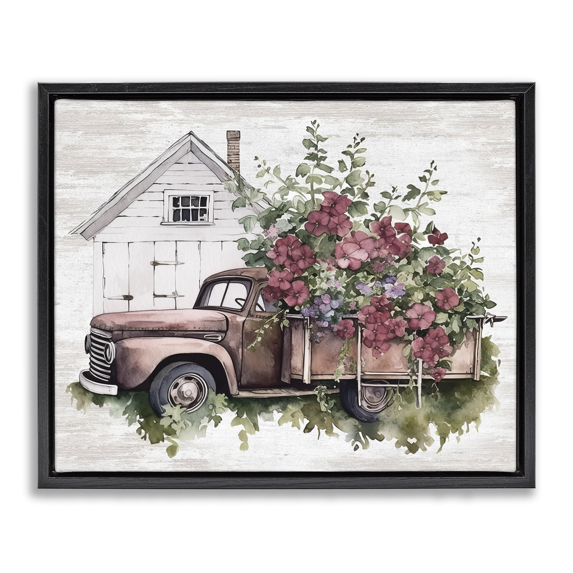 Stupell Industries Burgundy Flowers Truck Transportation Painting Black Floater Framed Canvas Art Print Wall Art, 31 x 25