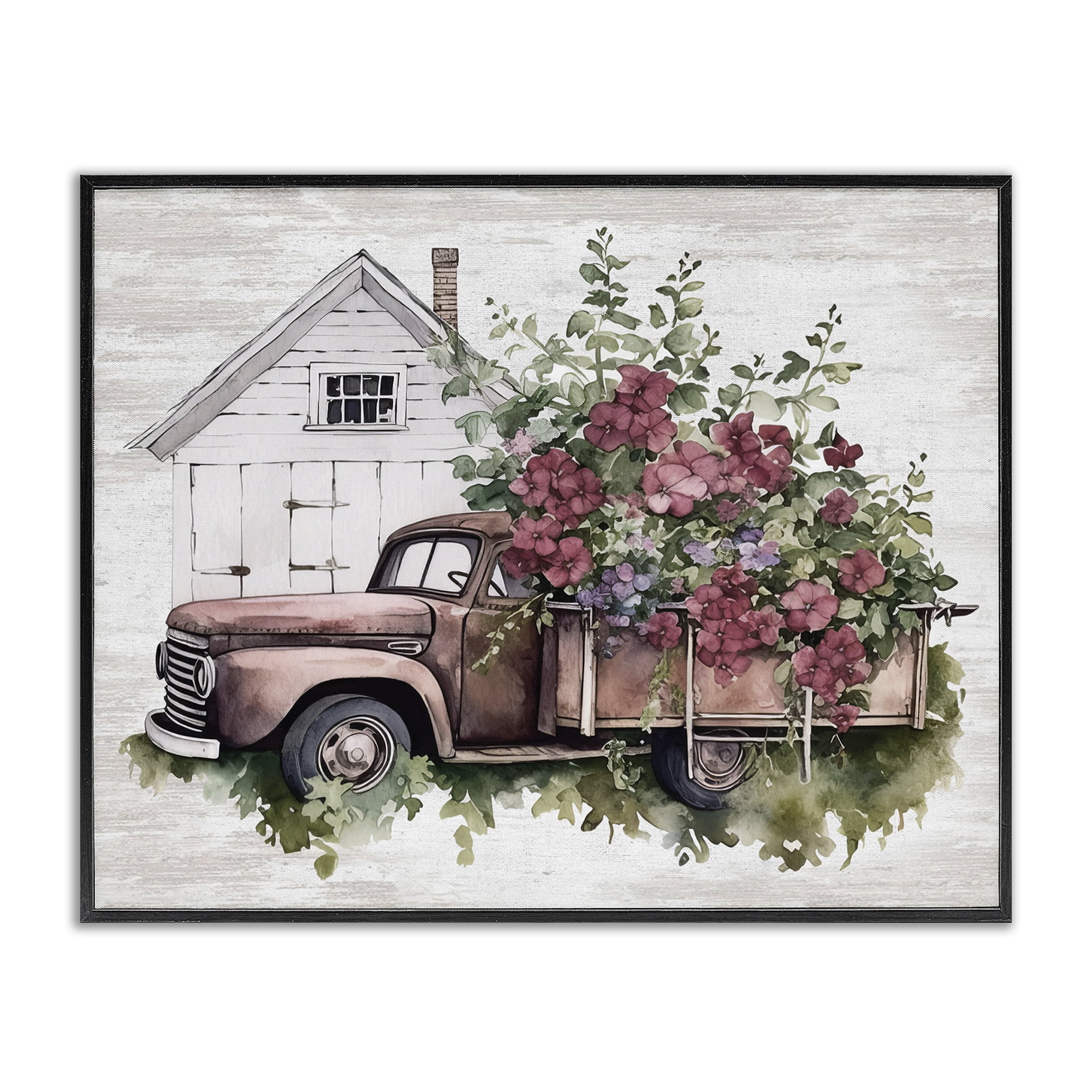 Stupell Industries Burgundy Flowers Truck Transportation Painting Black Framed Art Print Wall Art, 30 x 24
