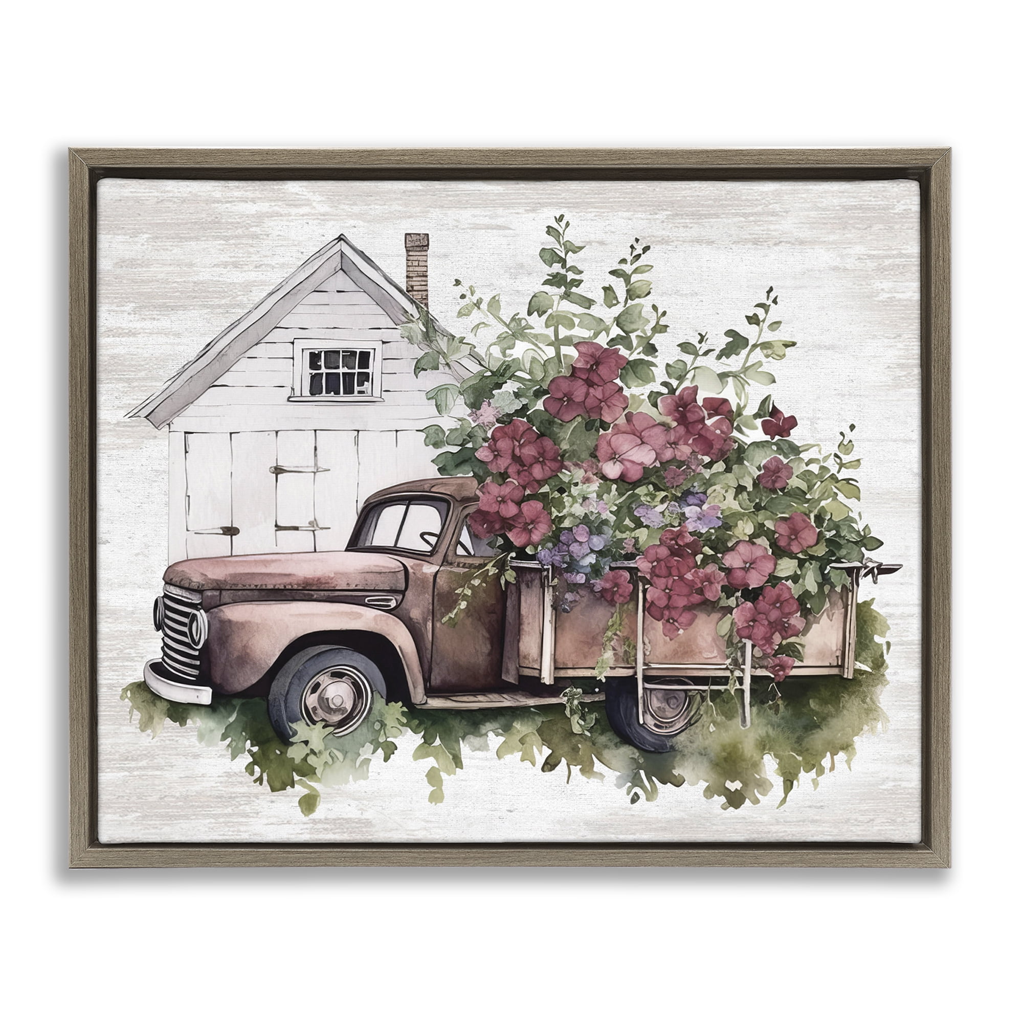 Stupell Industries Burgundy Flowers Truck Transportation Painting Brown Floater Framed Canvas Art Print Wall Art, 31 x 25
