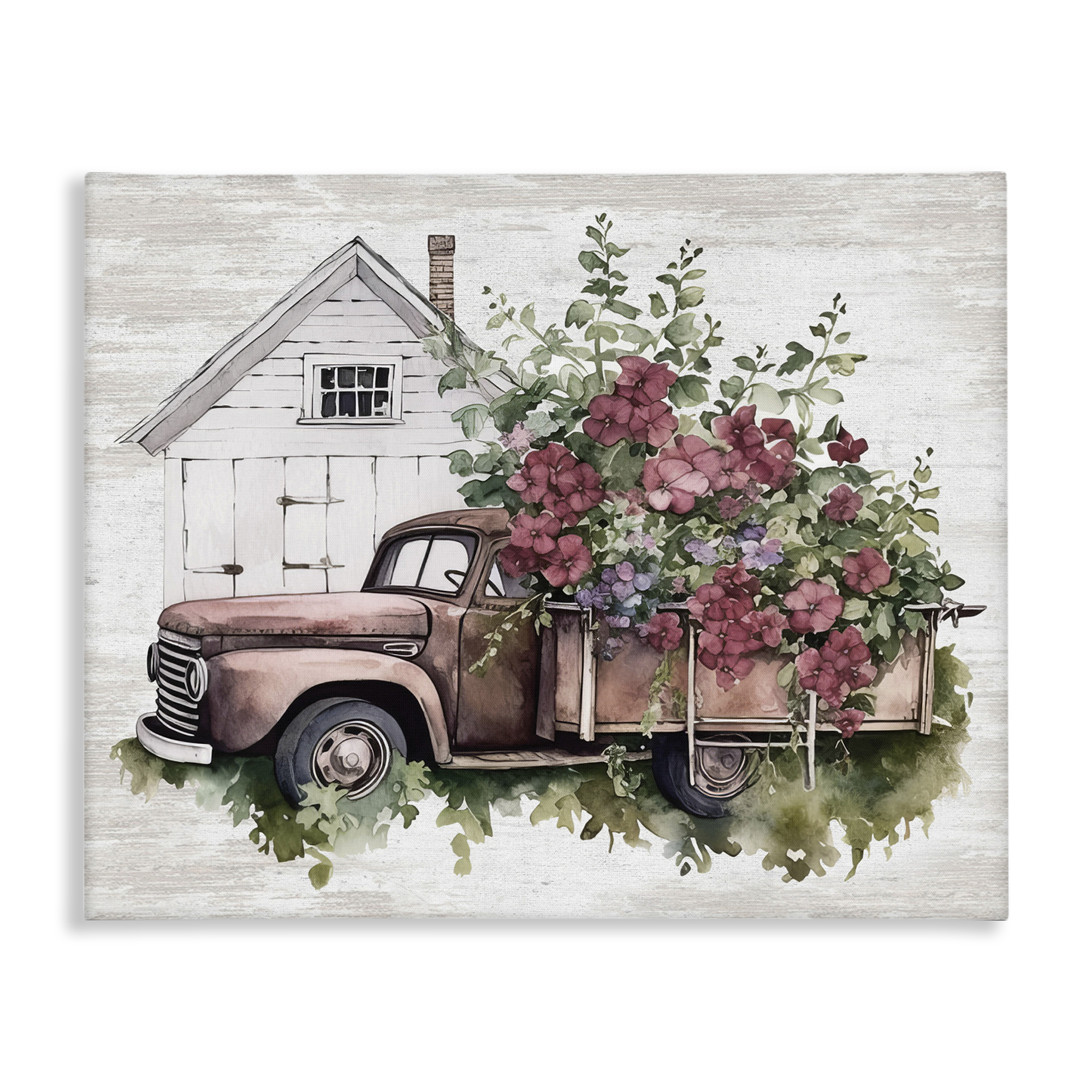 Stupell Industries Burgundy Flowers Truck Transportation Painting Gallery Wrapped Canvas Art Print Wall Art, 20 x 16