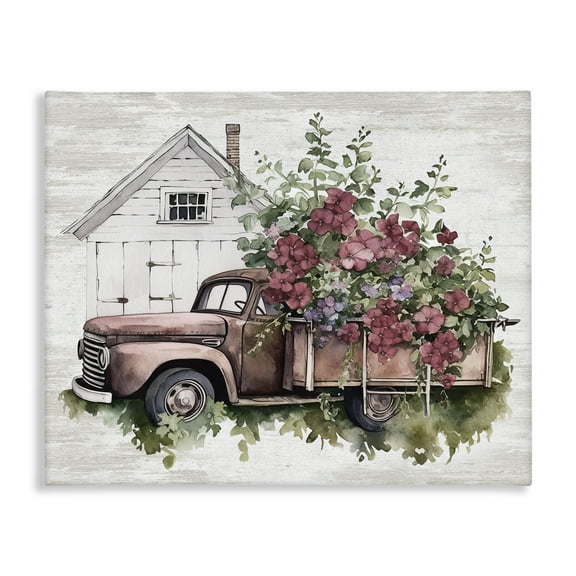 Stupell Industries Burgundy Flowers Truck Transportation Painting Gallery Wrapped Canvas Art Print Wall Art, 20 x 16