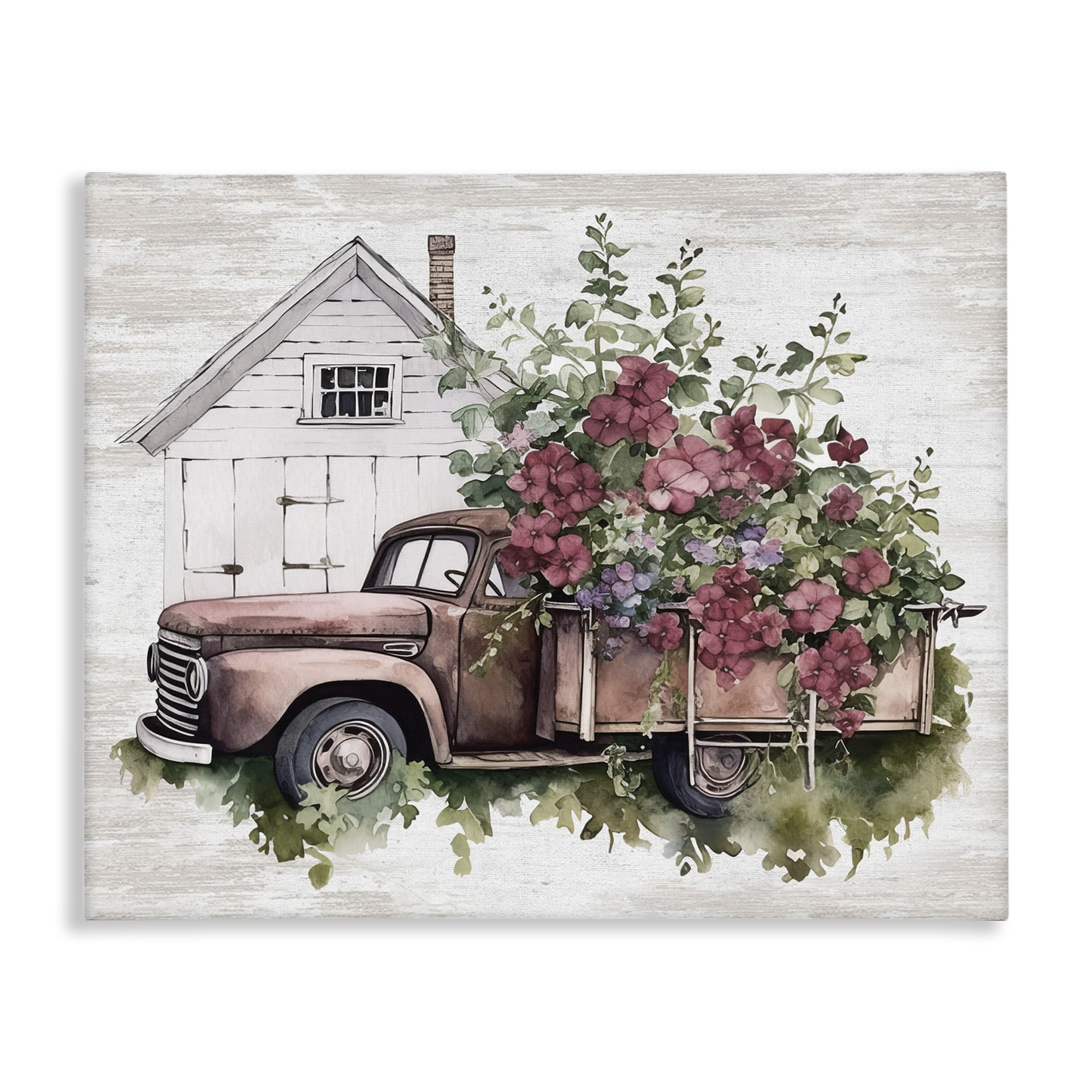 Stupell Industries Burgundy Flowers Truck Transportation Painting Gallery Wrapped Canvas Art Print Wall Art, 30 x 24