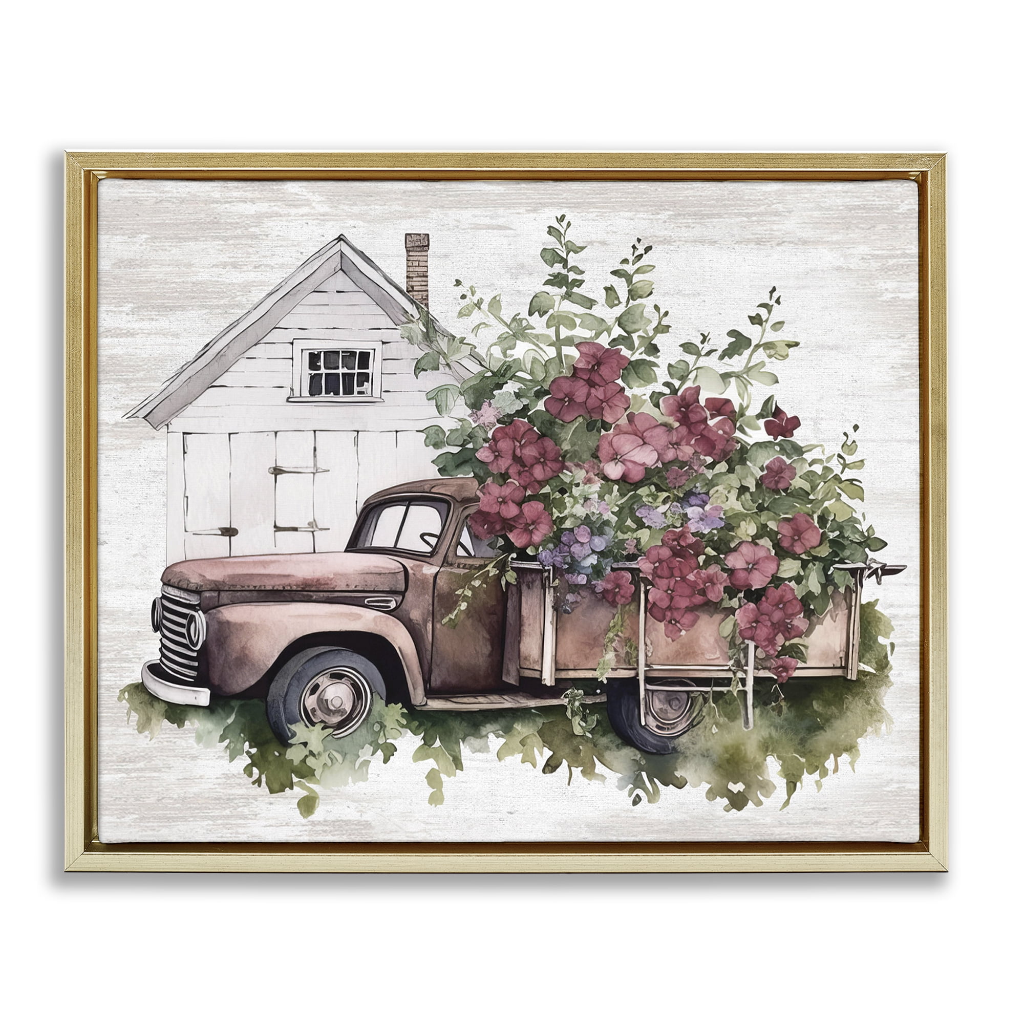 Stupell Industries Burgundy Flowers Truck Transportation Painting Gold Floater Framed Canvas Art Print Wall Art, 31 x 25