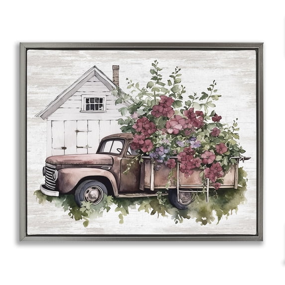 Stupell Industries Cottage Burgundy Flowers Truck Gray Floating Frame Canvas Art, 21 x 17, by Lettered and Lined