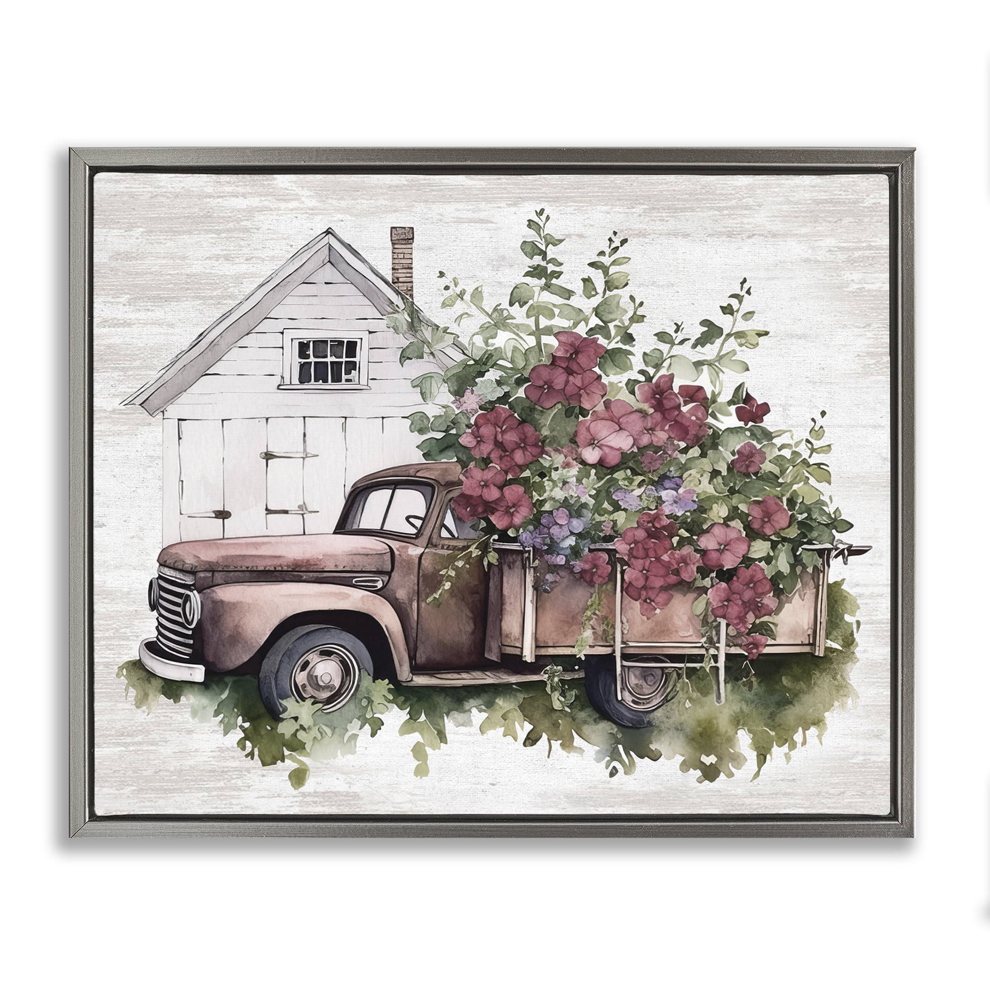 Stupell Industries Burgundy Flowers Truck Transportation Painting Gray Floater Framed Canvas Art Print Wall Art, 31 x 25