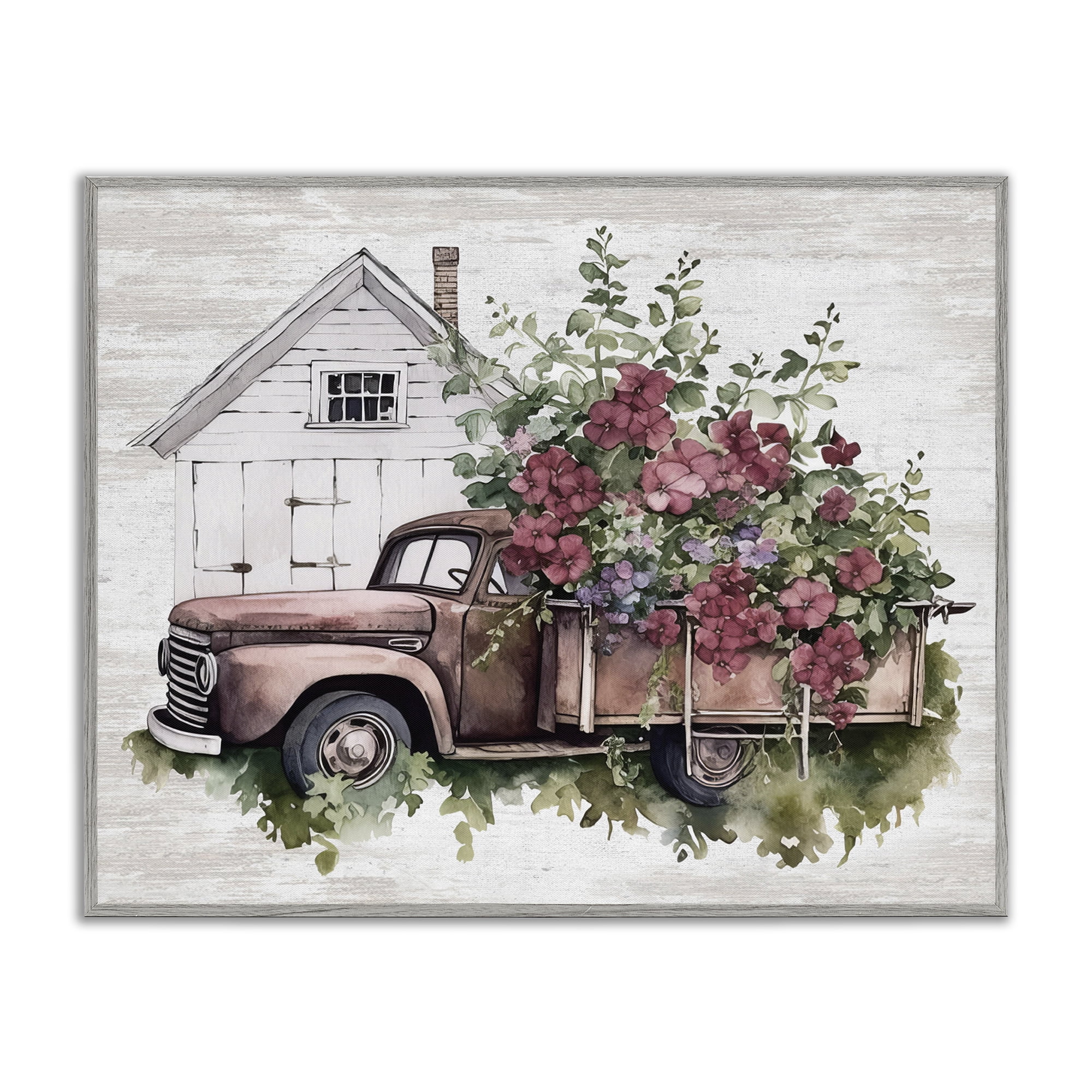 Stupell Industries Burgundy Flowers Truck Transportation Painting Gray Framed Art Print Wall Art, 30 x 24