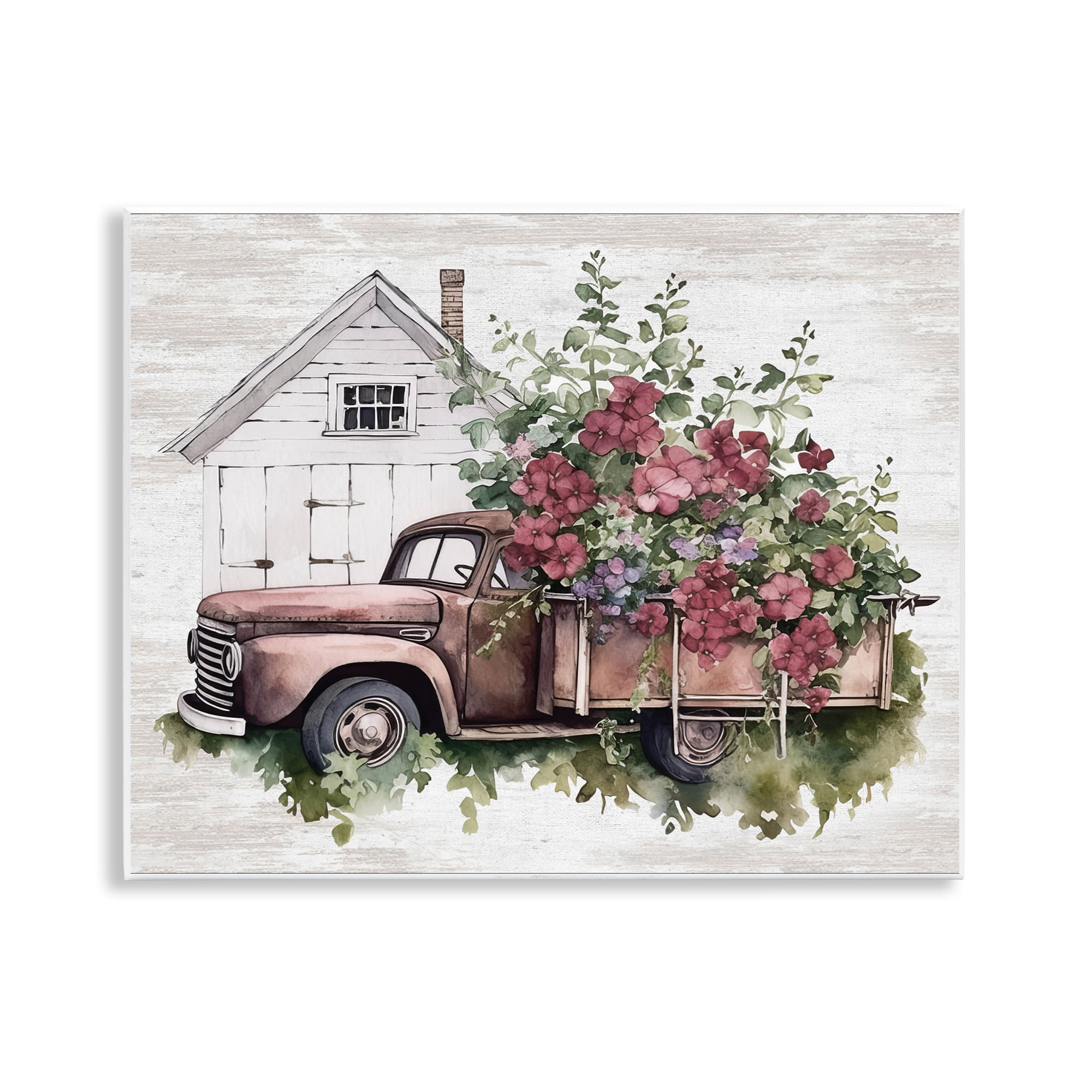 Stupell Industries Burgundy Flowers Truck Transportation Painting Unframed Art Print Wall Art, 14 x 11