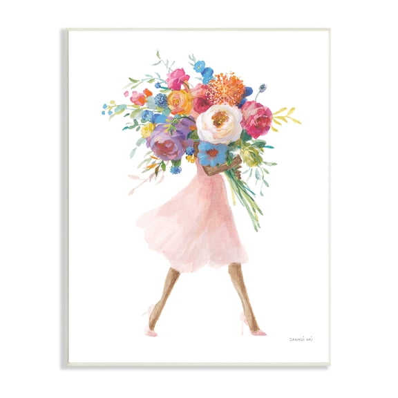 Stupell Industries Bursting Spring Flower Bouquet Pink Dress Woman Walking, 10 x 15, Design by Danhui Nai