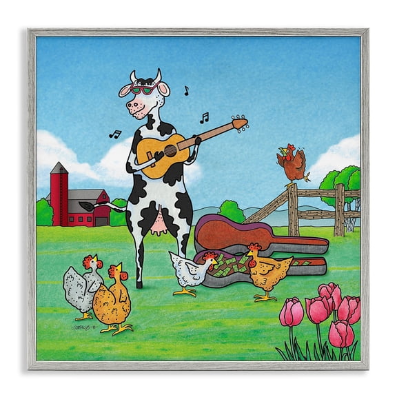 Stupell Industries Busking Cow with Audience Animals Painting Gray Framed Art Print Wall Art, 12 x 12