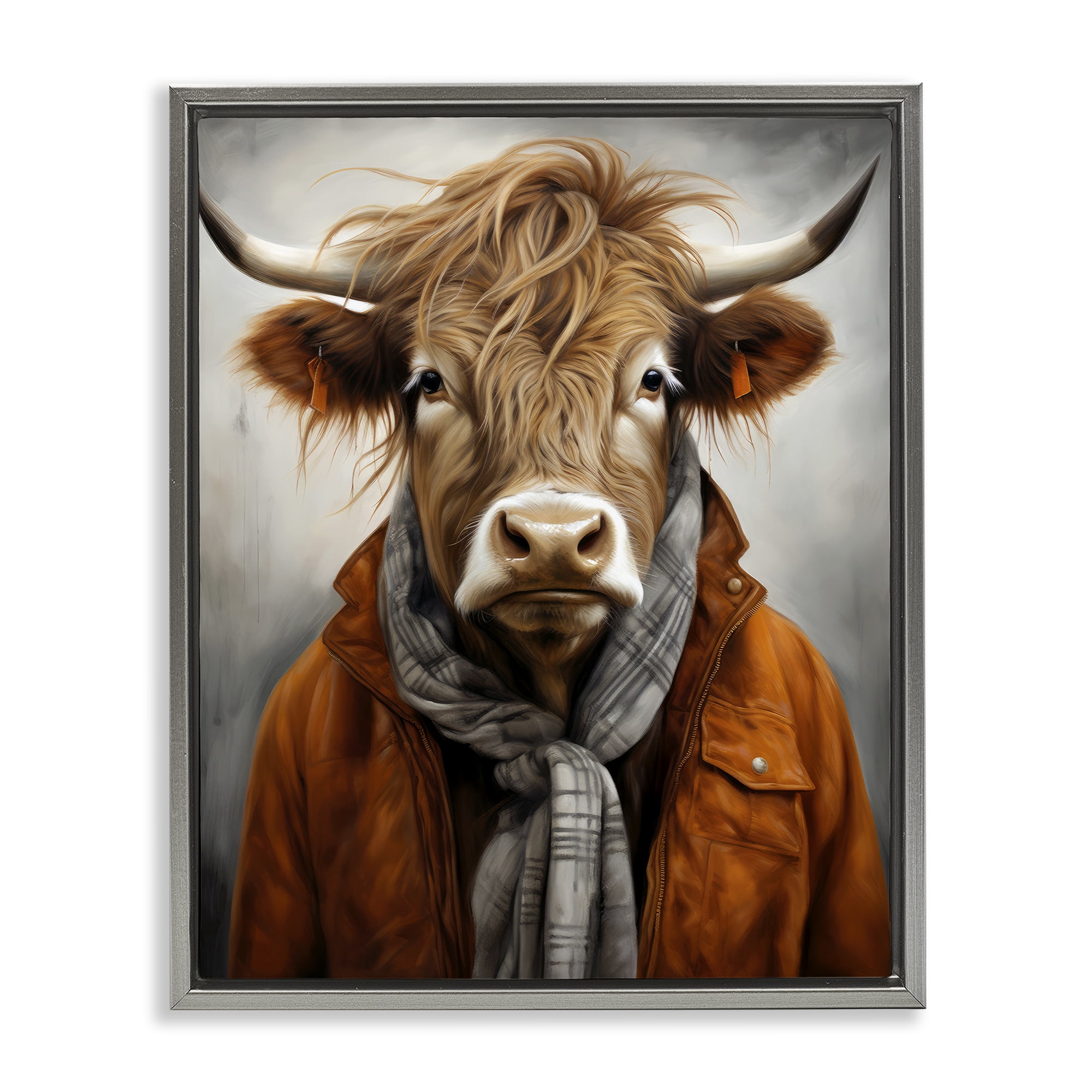 Stupell Industries Buster Bull Horn Portrait Gray Framed Floater Canvas Wall Art, design by Ray Powers