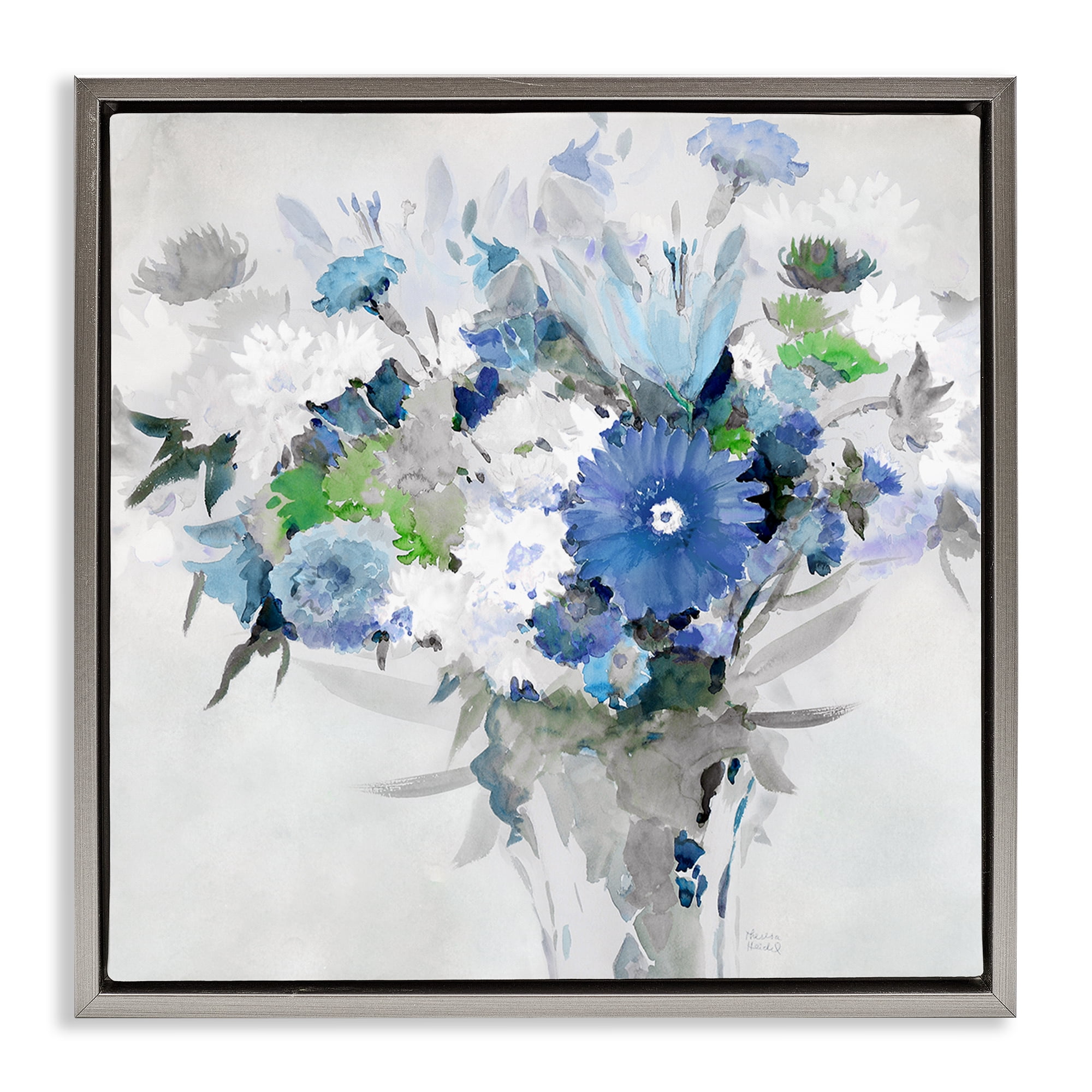 Stupell Industries Bustling Blue Bouquet Plants & Flowers Painting Gray Floater Framed Canvas Art Print Wall Art, 25 x 25