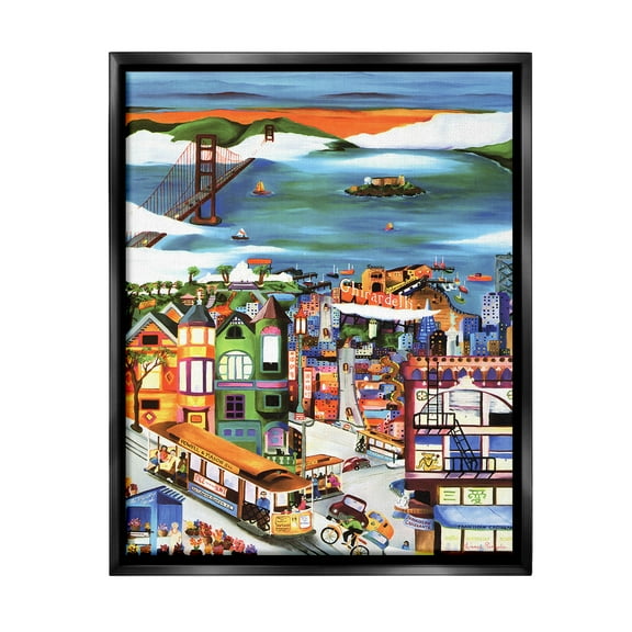 Stupell Industries Bustling Seaside Town Landscape Painting Black Floater Framed Canvas Art Print Wall Art, 17 x 21