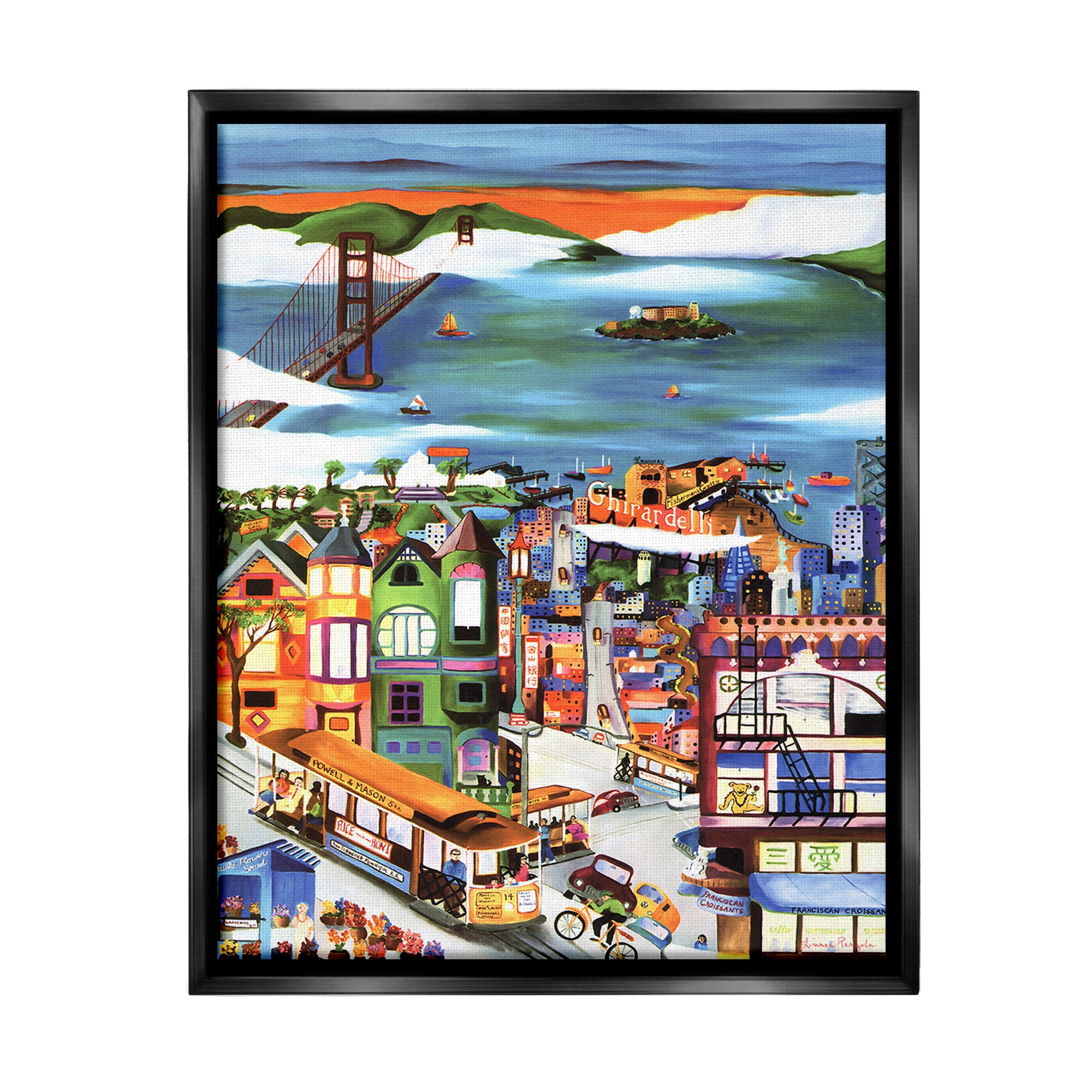 Stupell Industries Bustling Seaside Town Landscape Painting Black Floater Framed Canvas Art Print Wall Art, 25 x 31