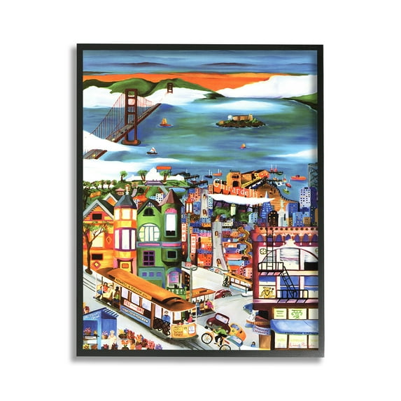 Stupell Industries Bustling Seaside Town Landscape Painting Black Framed Art Print Wall Art, 11 x 14